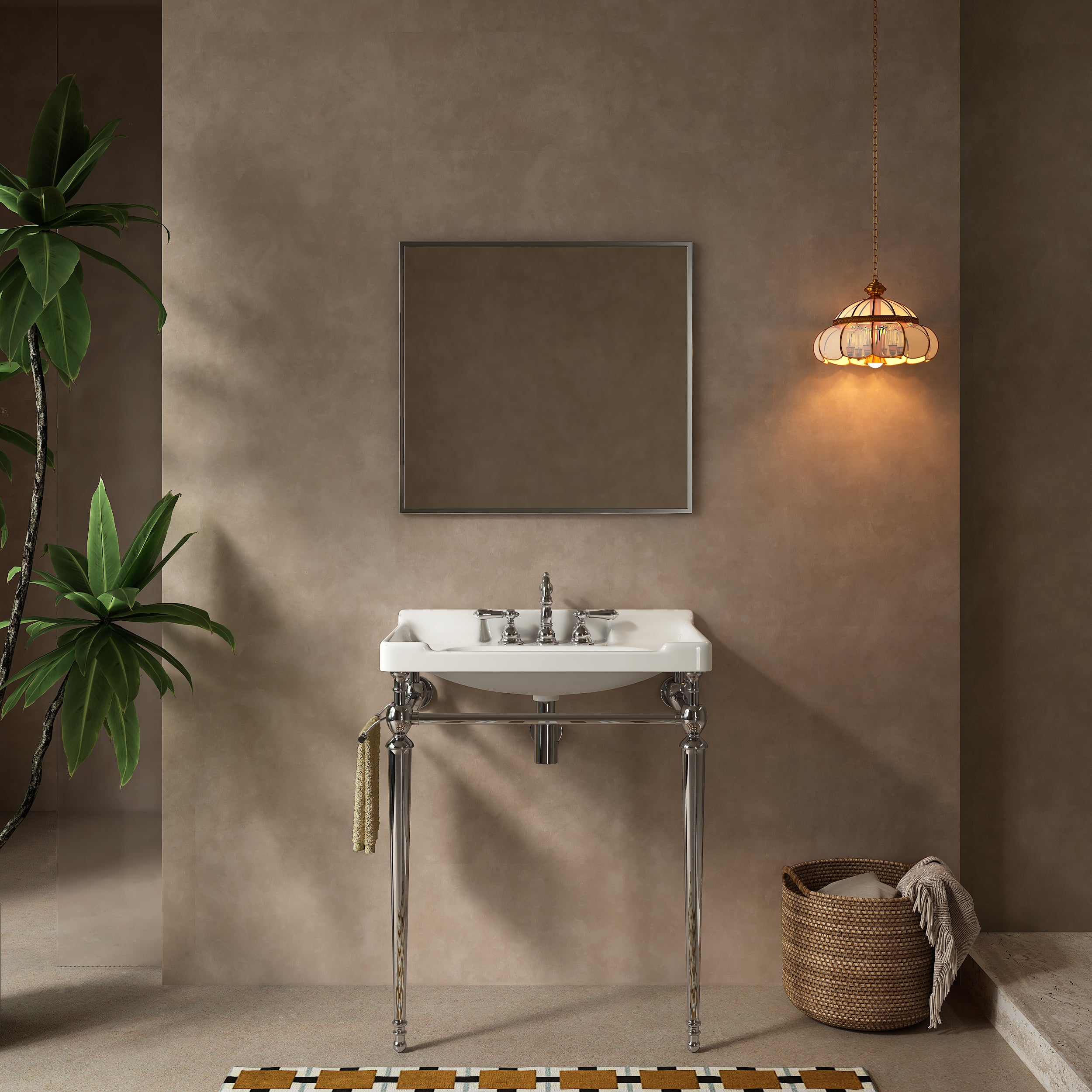 VICI 28' Bathroom Console Sink, Wall-Mounted White Ceramic Vanity Basin with 3 Pre-drilled Faucet Holes, Freestanding Stainless Steel Support Legs with Towel Bar, No Faucet, Chrome Color