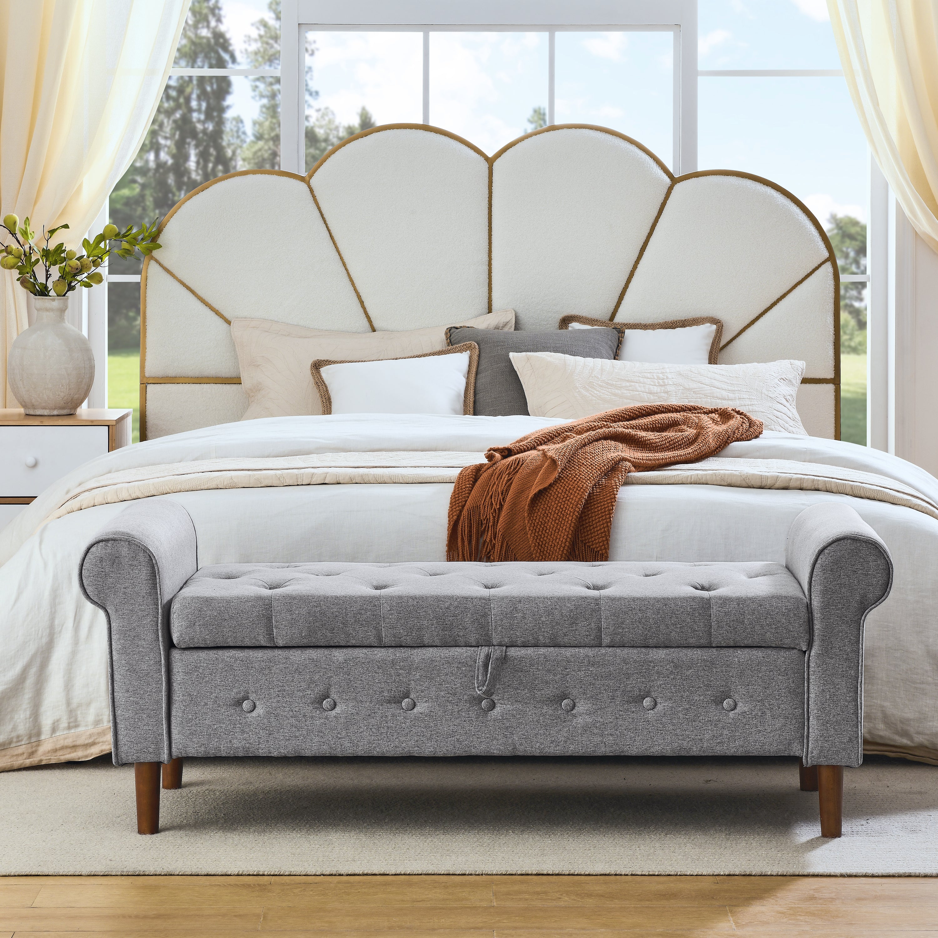 62' Bedroom Tufted Button Storage Bench, Modern Fabric Upholstered Ottoman, Window Bench, Rolled Arm Design for Bedroom, Living Room, Foyer (Grey)