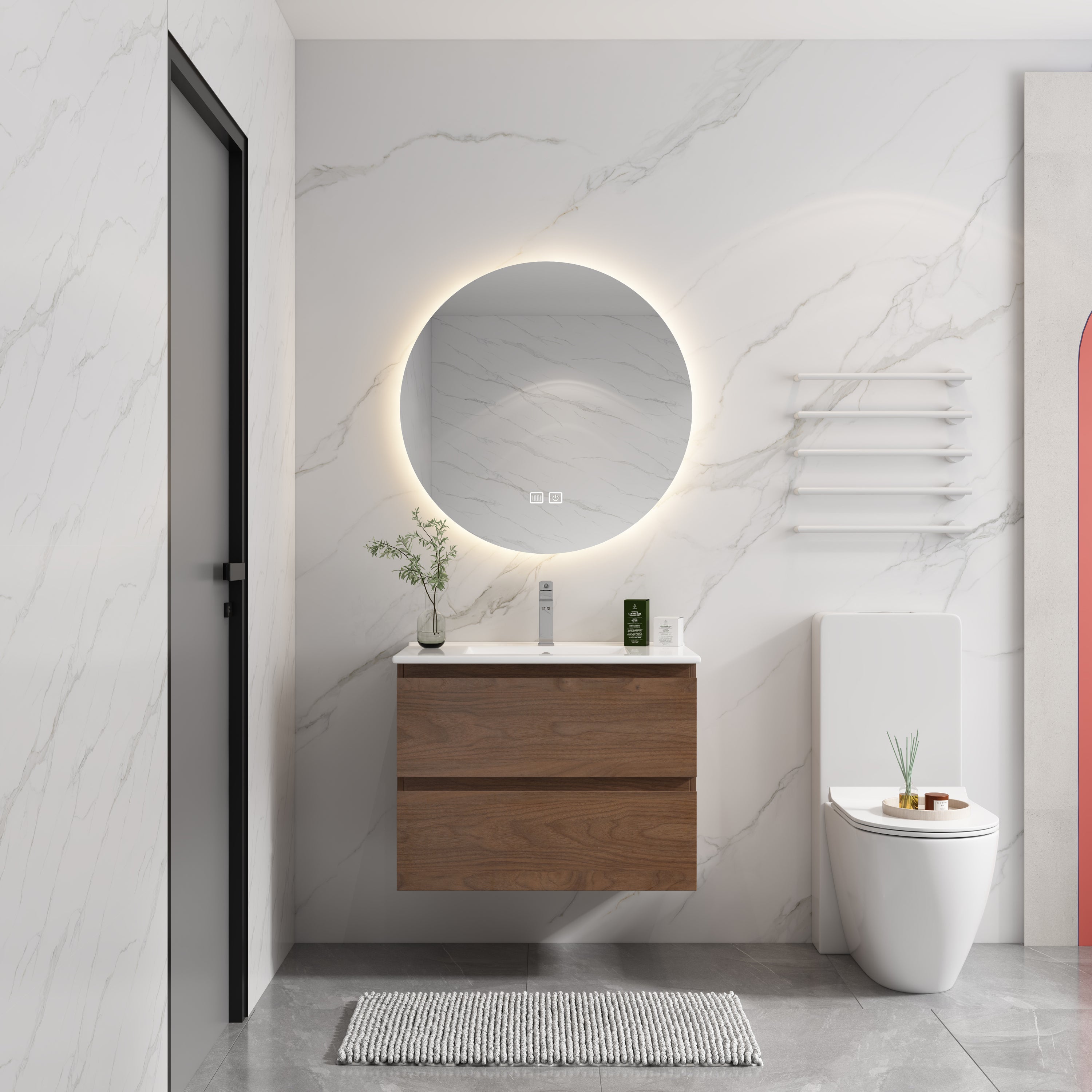 24' Wall-Mounted Bathroom Vanity With Ceramic Sink, 2-Soft Close Drawers, KD-Package