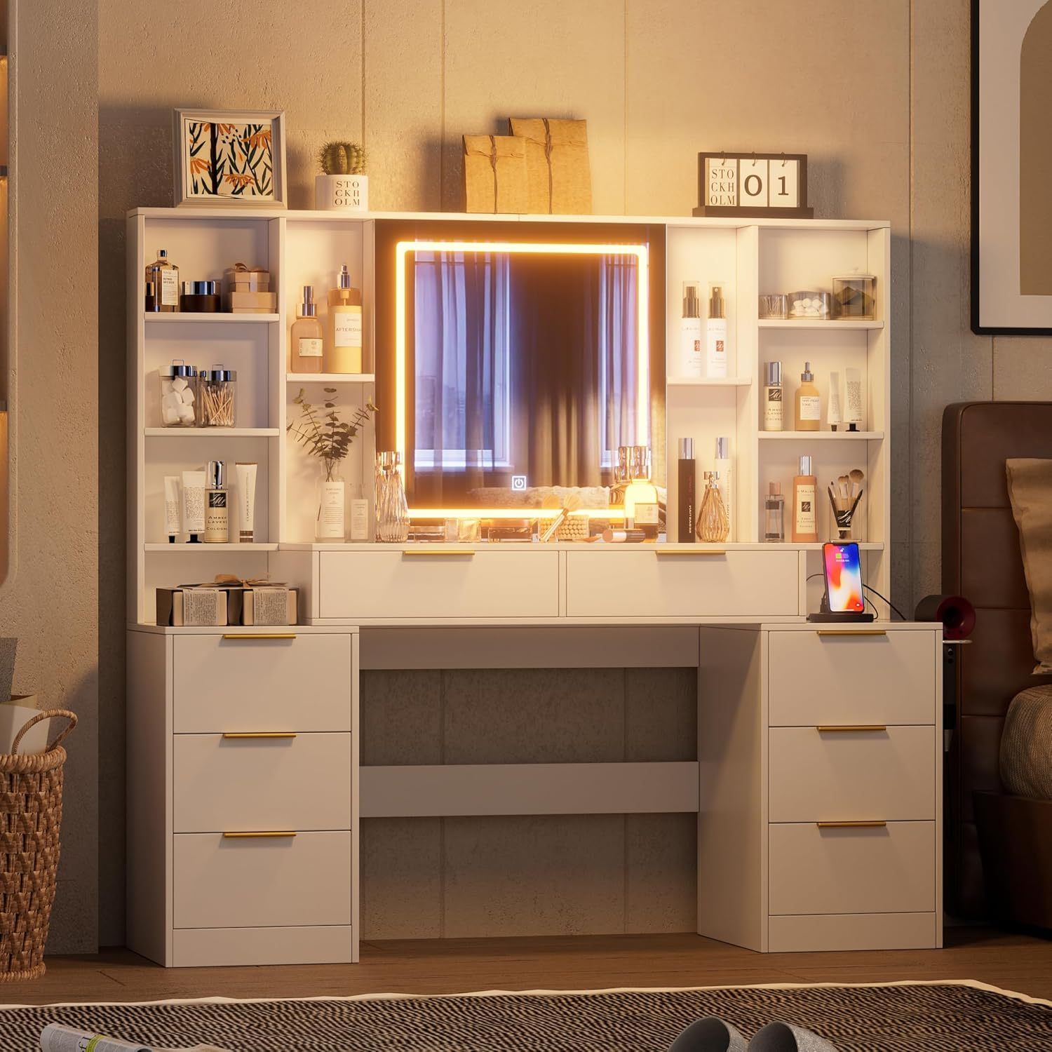 Makeup Vanity Desk with Mirror and Lights, 59' Large Vanity Table with 8Drawers &  Open Storage Shelves, Brightness Adjustable, Dressing Table for Bedroom, Women Girl