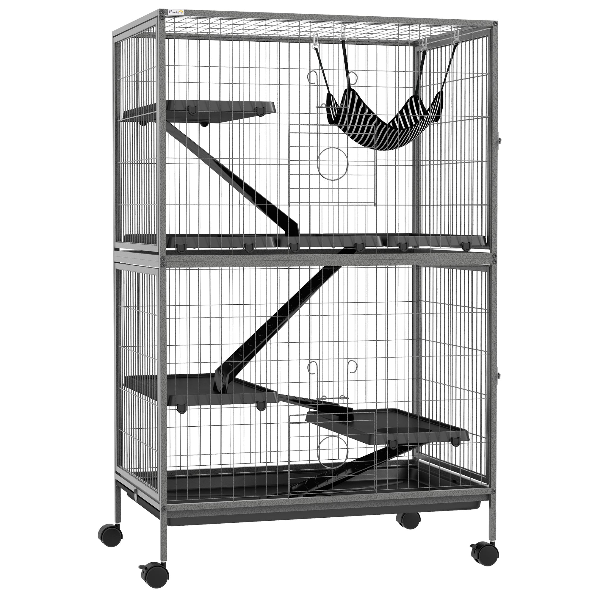 PawHut 50' 5-Tier Small Animal Cage, Ferret Cage, Large Chinchilla Cage with Hammock Accessory & Heavy-Duty Steel Wire, Small Animal Habitat with 4 Doors, Removable Tray, Gray