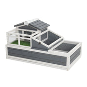 Luxury 3-Room Wooden Tortoise House Habitat with Turf Balcony & 2 Stories, Grey+White