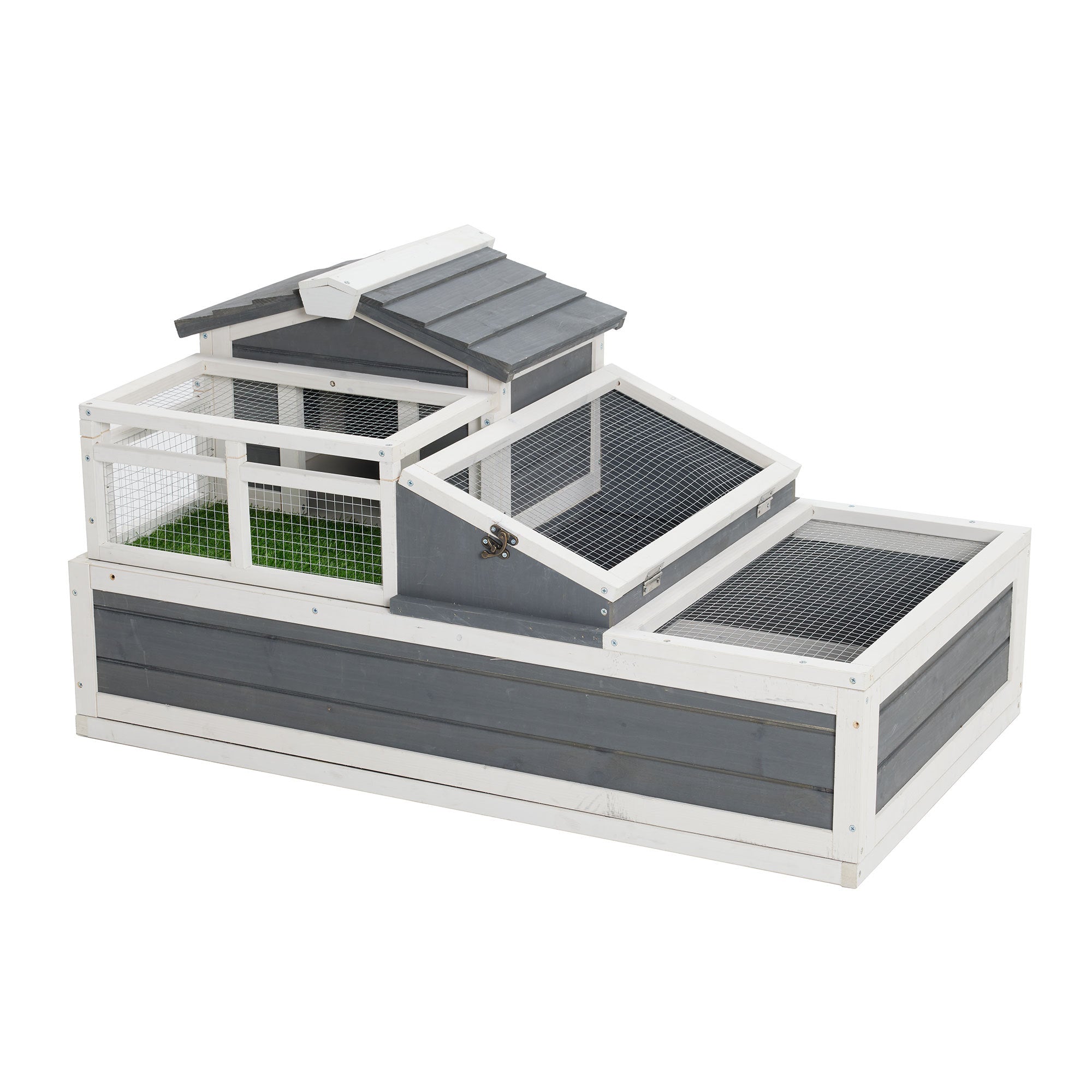 Luxury 3-Room Wooden Tortoise House Habitat with Turf Balcony & 2 Stories, Grey+White