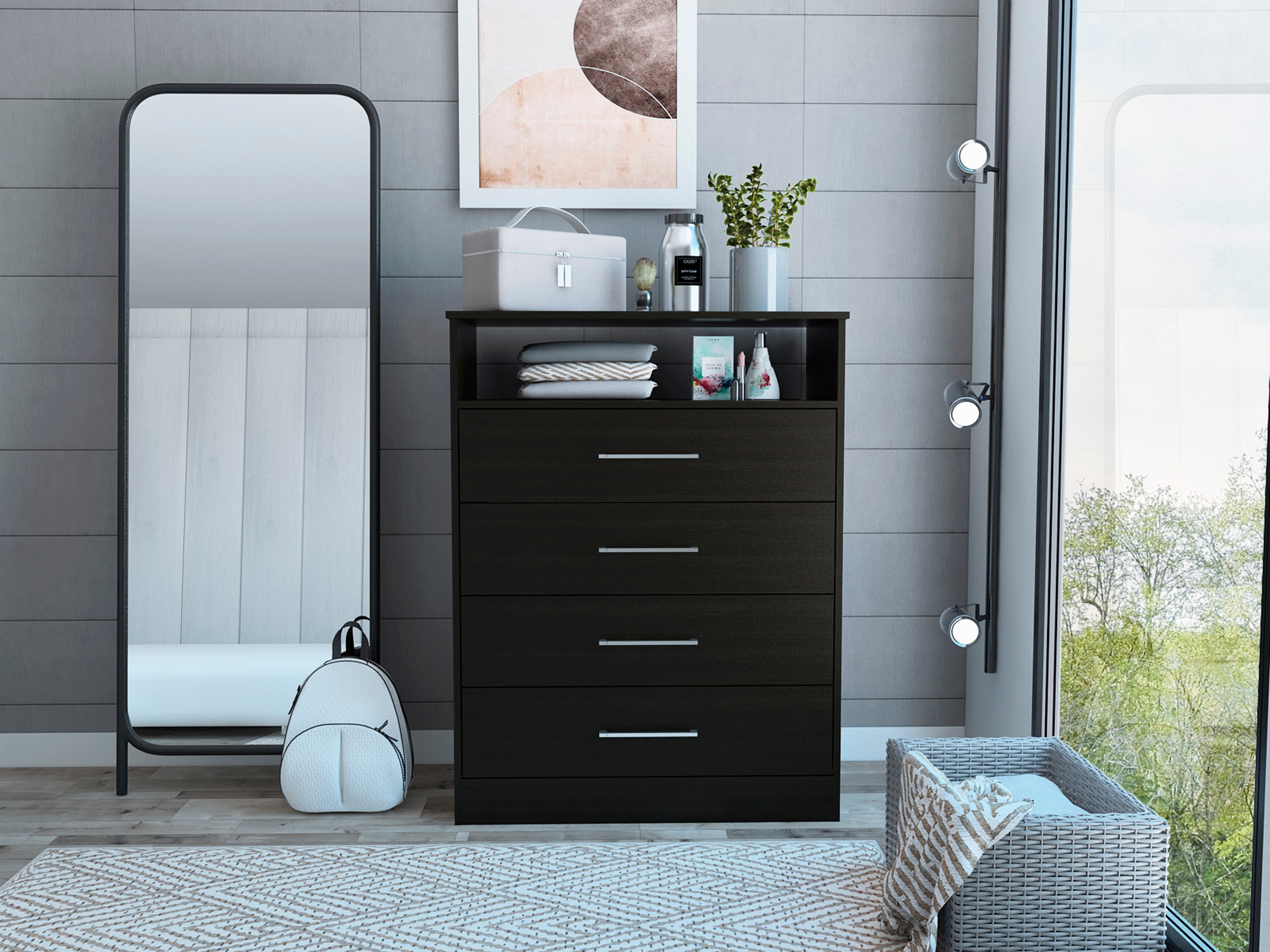 Continental Dresser, Superior Top, Four Drawers, One Shelf -Black