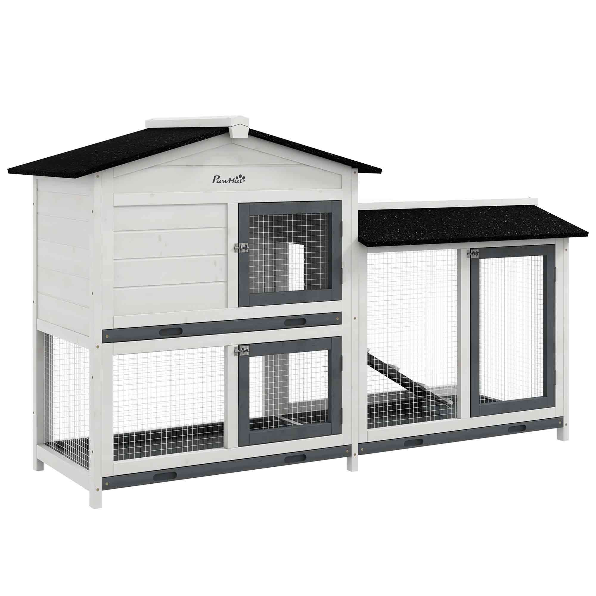 PawHut 62' Rabbit Hutch, Wooden Bunny Hutch, Guinea Pig Cage, Small Animal Enclosure with Run Area, Removable Tray, Asphalt Roof, Lockable Doors and Ramp, White