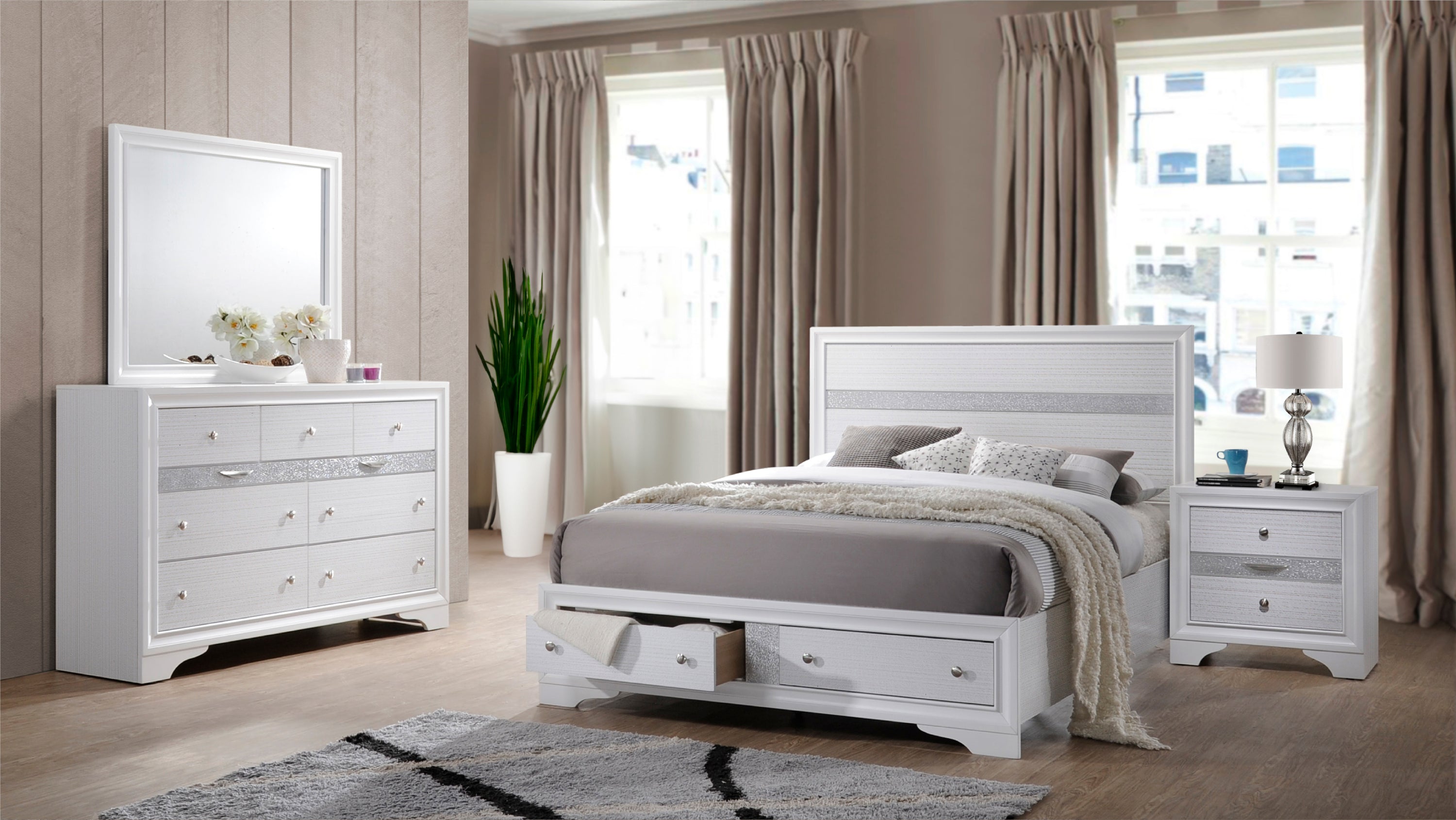 Traditional King 4 PC Storage Bedroom Set made with Wood in White