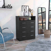 Four Drawer Dresser, Superior Top, One Open Shelf, Black