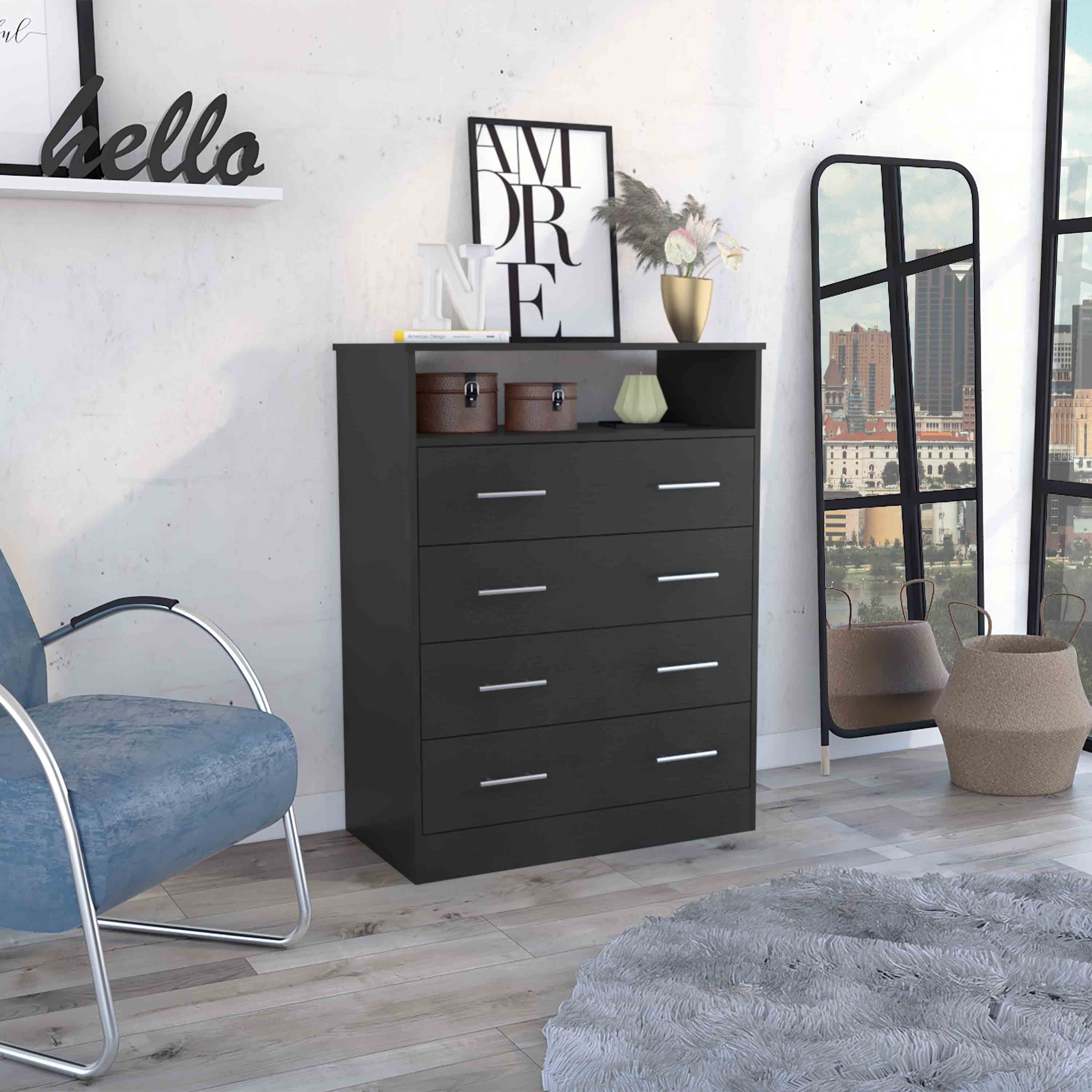 Four Drawer Dresser, Superior Top, One Open Shelf, Black