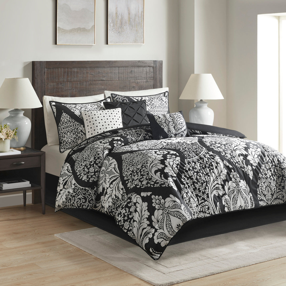 7 Piece Cotton Printed Comforter Set Black Queen