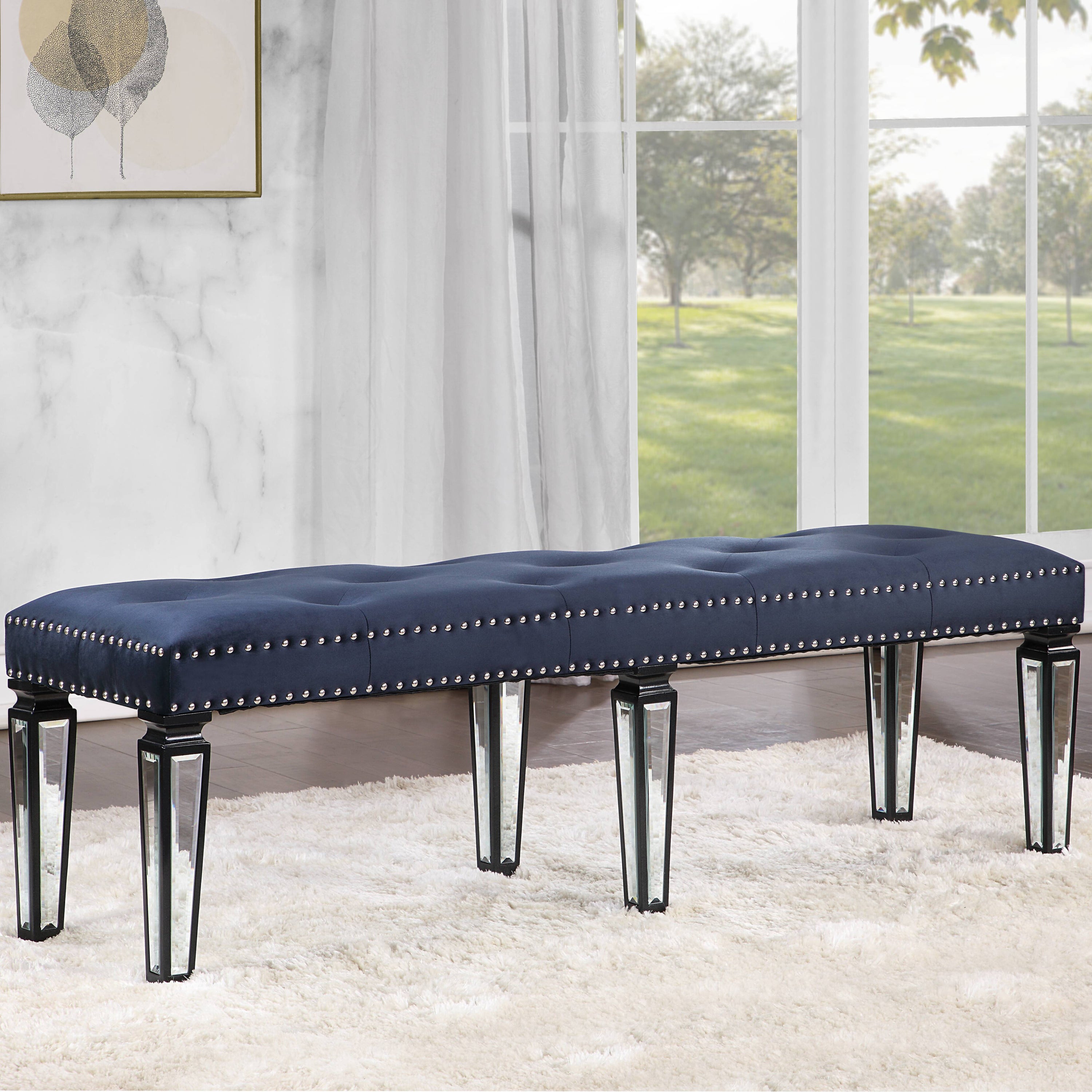 Dark Navy and Black Tufted Bench