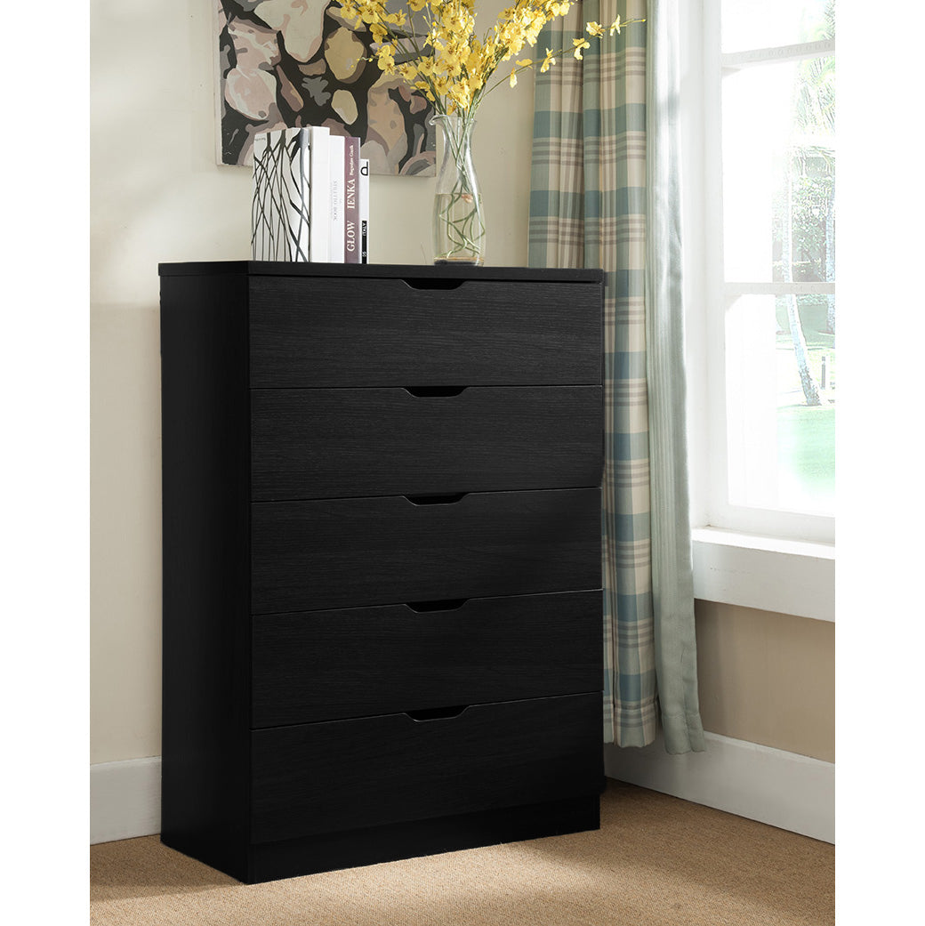 Modern black five drawer clothes and storage chest cabinet with metal drawer glides half round cutout handle grip