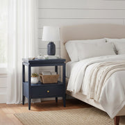 Olana Midnight Blue 1-Drawer Nightstand with Floating Top Design, Solid Wood and MDF Construction, Gold-Finished Hardware, Tapered Legs