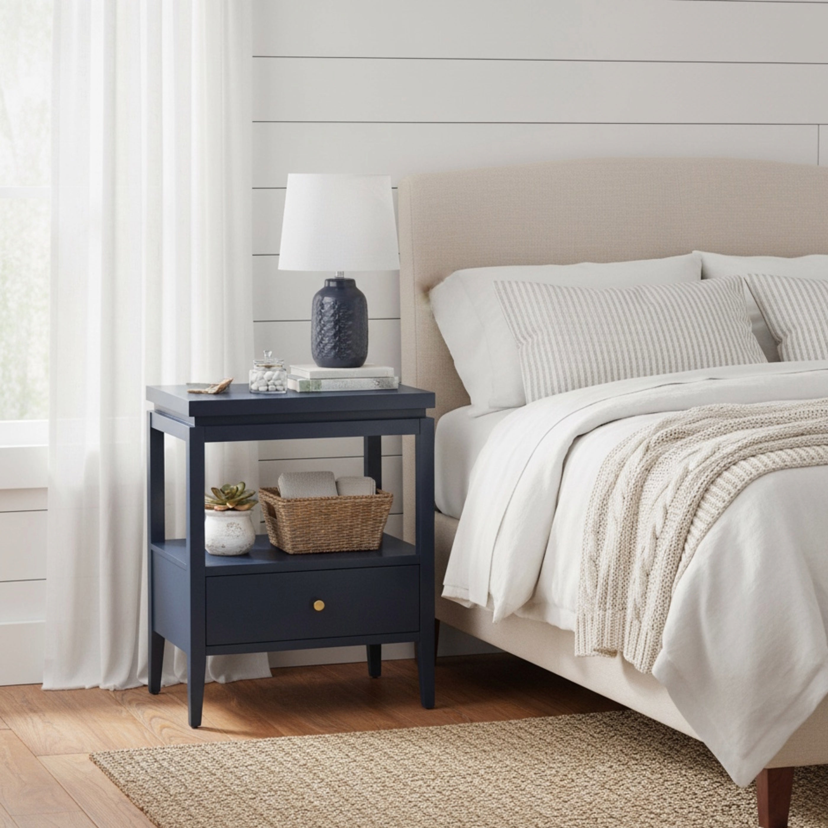 Olana Midnight Blue 1-Drawer Nightstand with Floating Top Design, Solid Wood and MDF Construction, Gold-Finished Hardware, Tapered Legs