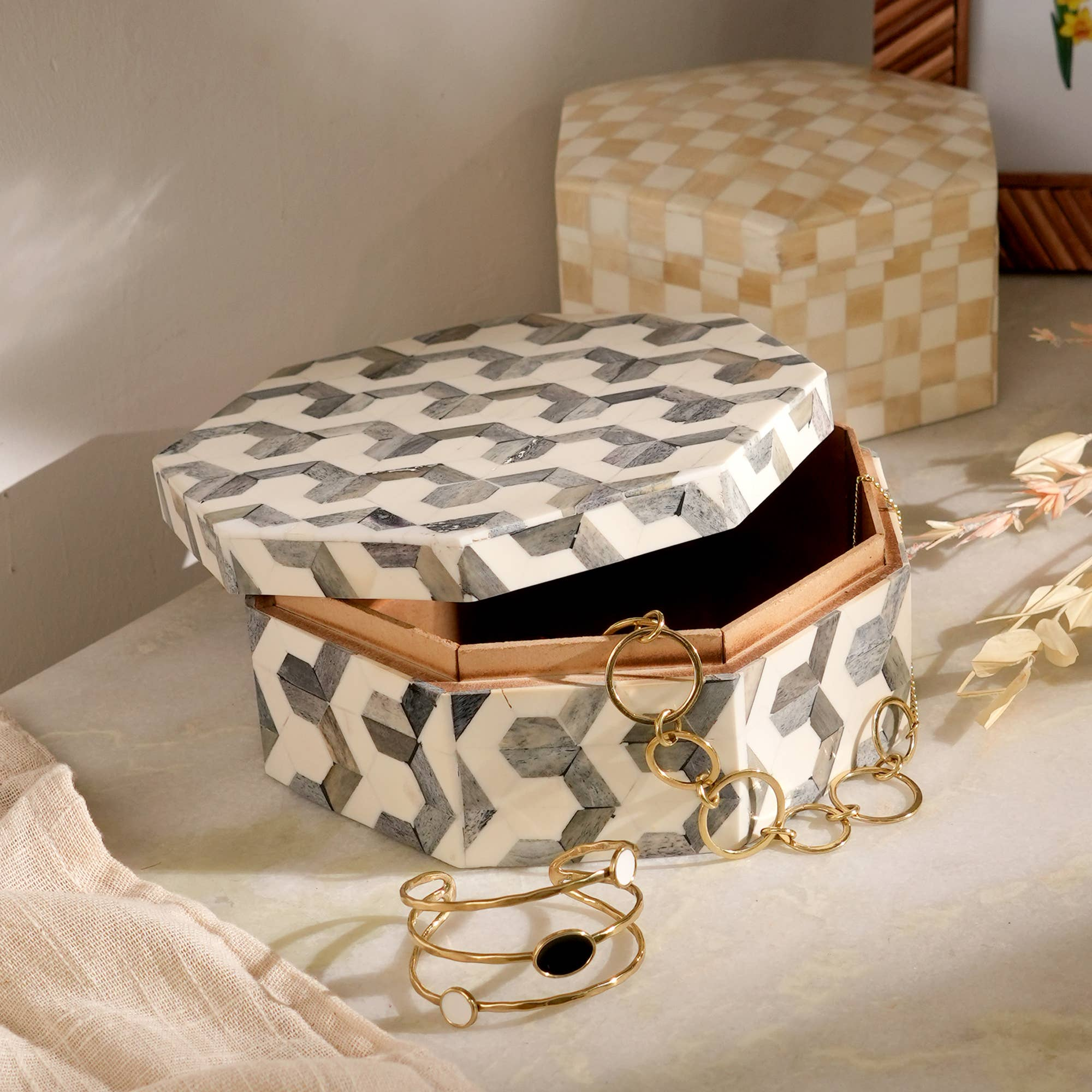 U Pattern Hexagon Bone & MDF Box –Modern Decorative Storage Solution-7.5X7.5X3'