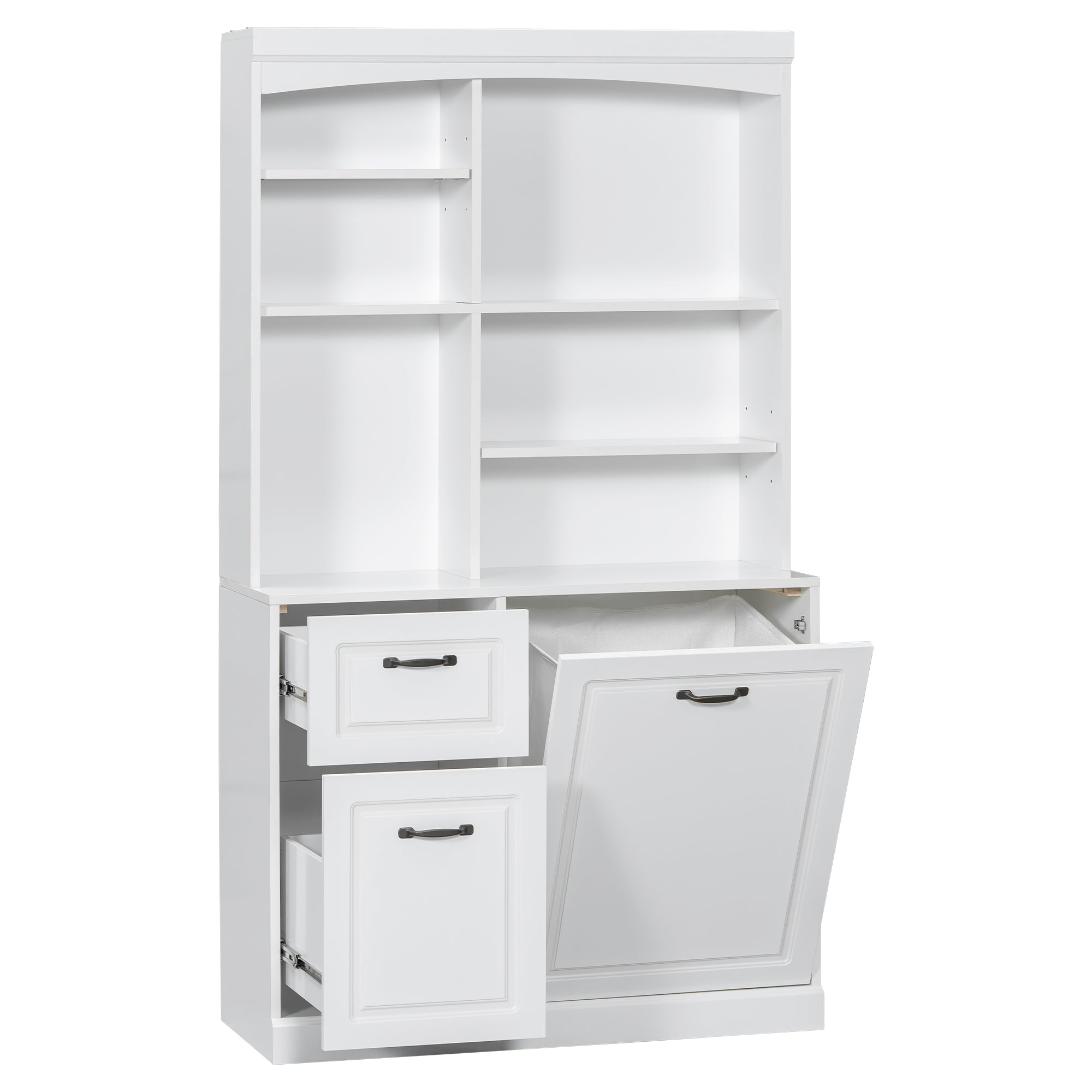 Bathroom Storage Cabinet with Tilt-Out Hamper, 70.9'' Tall Free Standing Organizer with Drawers & Adjustable Shelves, MDF Linen Tower with Steel Handles, White Finish
