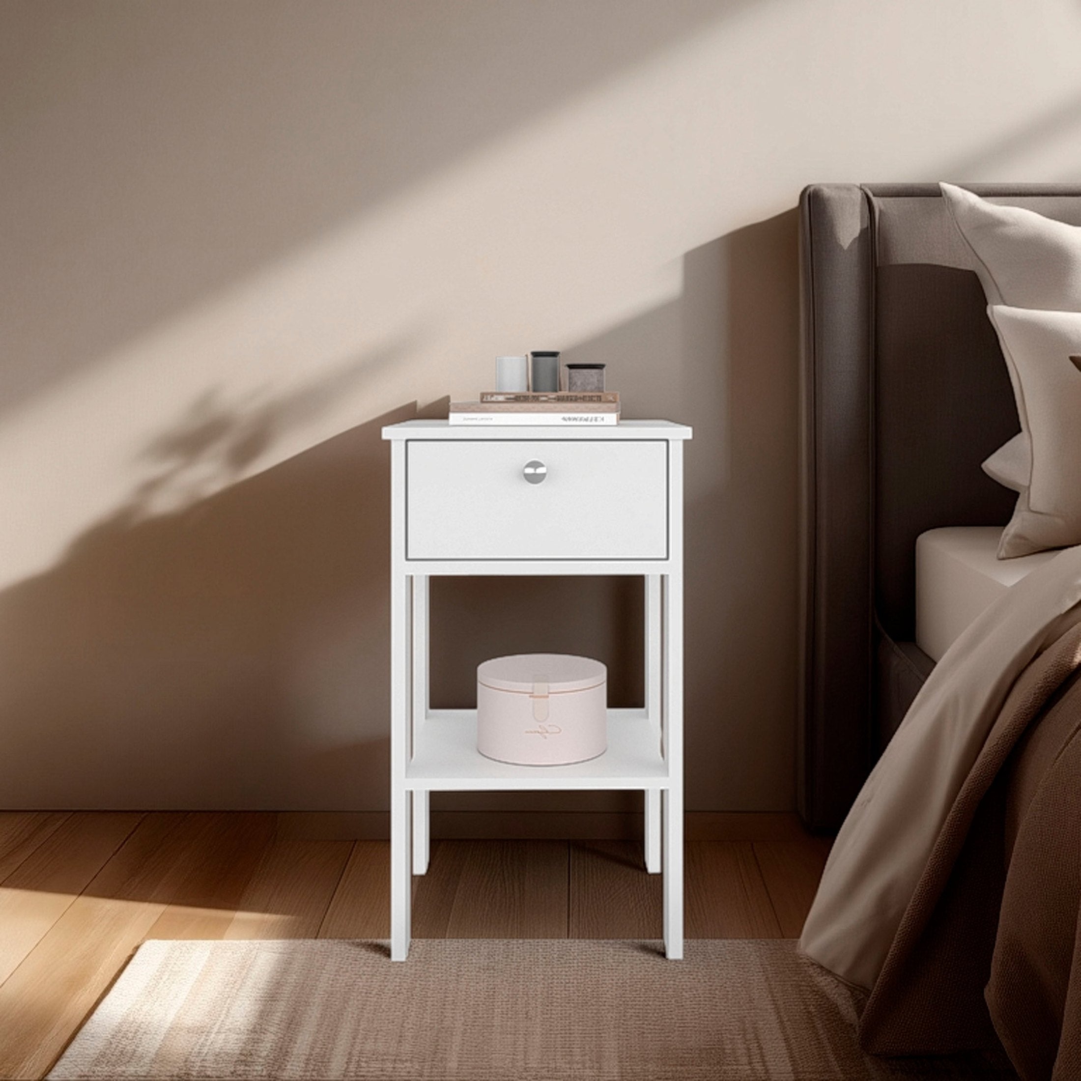 Newcastle Nightstand With One Drawer And Open Shelf, Modern Bedside Table, White