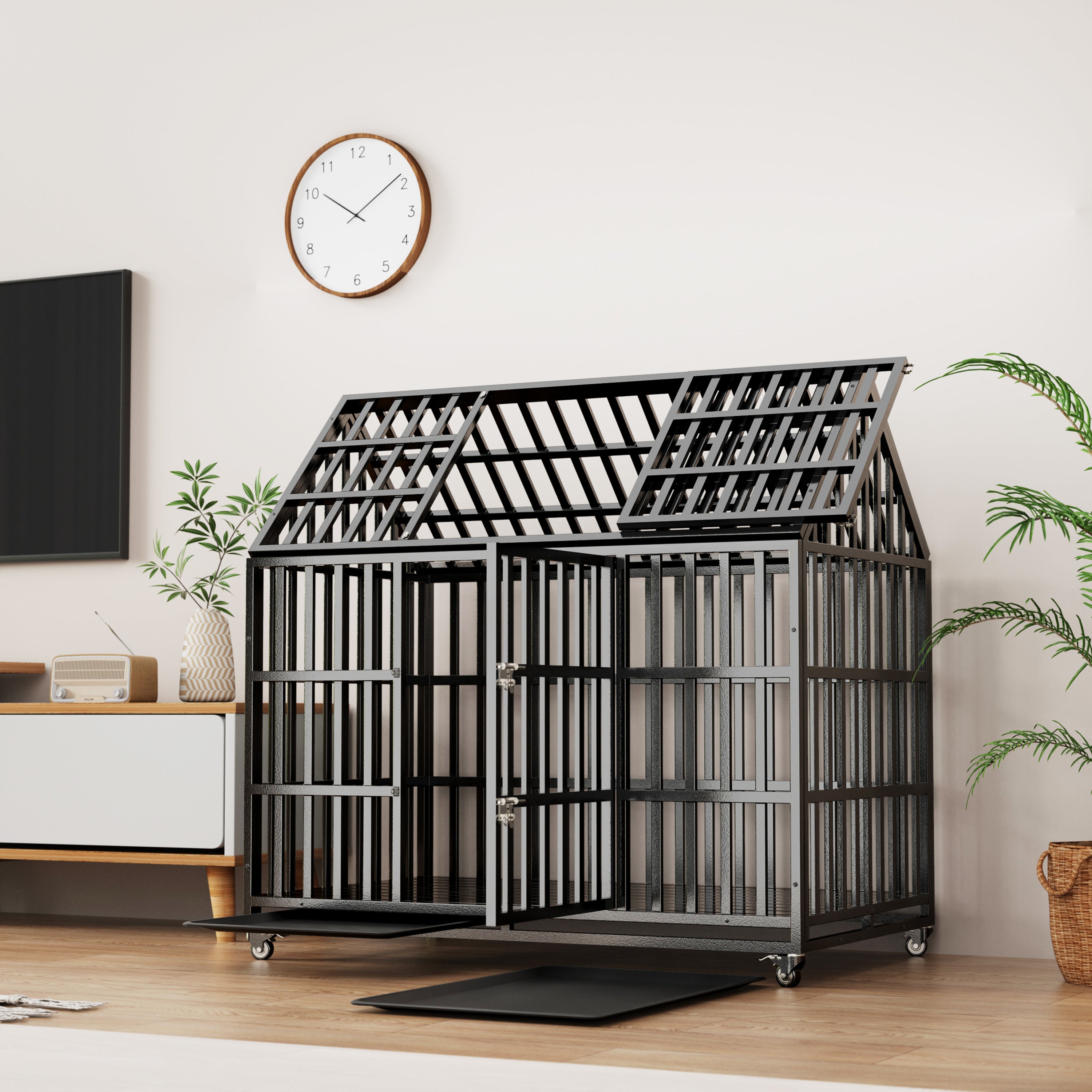 52' Heavy Duty Dog Crate Large Dog cage Strong Metal Dog Kennels and Crates for Large Dogs with 4 Lockable Wheels