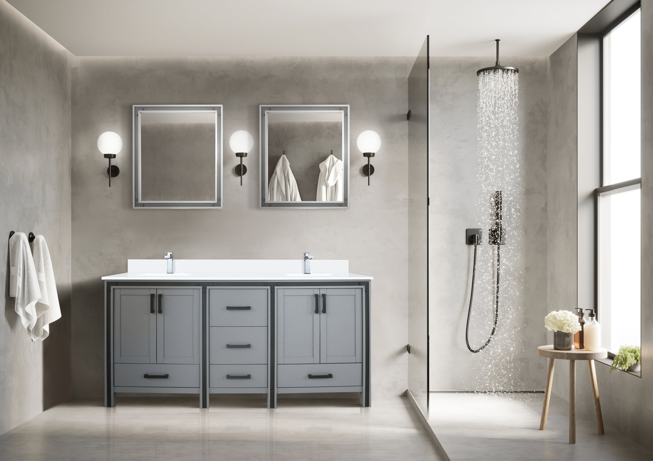 Dark Grey Double Bath Vanity 72 in. W x 22 in. D, with White Quartz Top