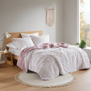 3 PCS Full/Queen Shaggy Faux Fur Comforter Mini Set Pink/White