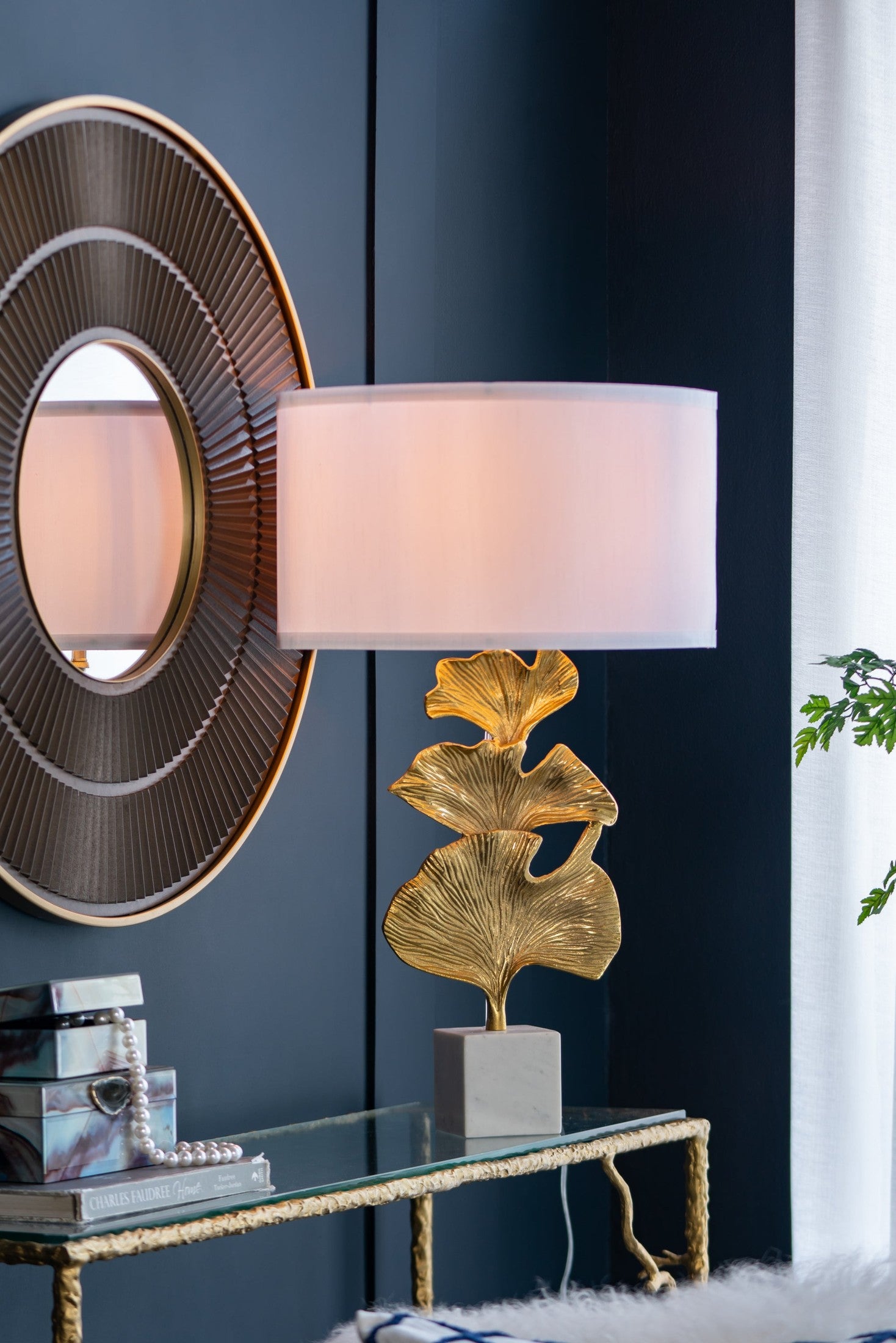 D17x30.2' Gold Ginkgo Leaf Table Lamp with Marble Base and White Drum Shade (Lamp Shade Assembly Required)
