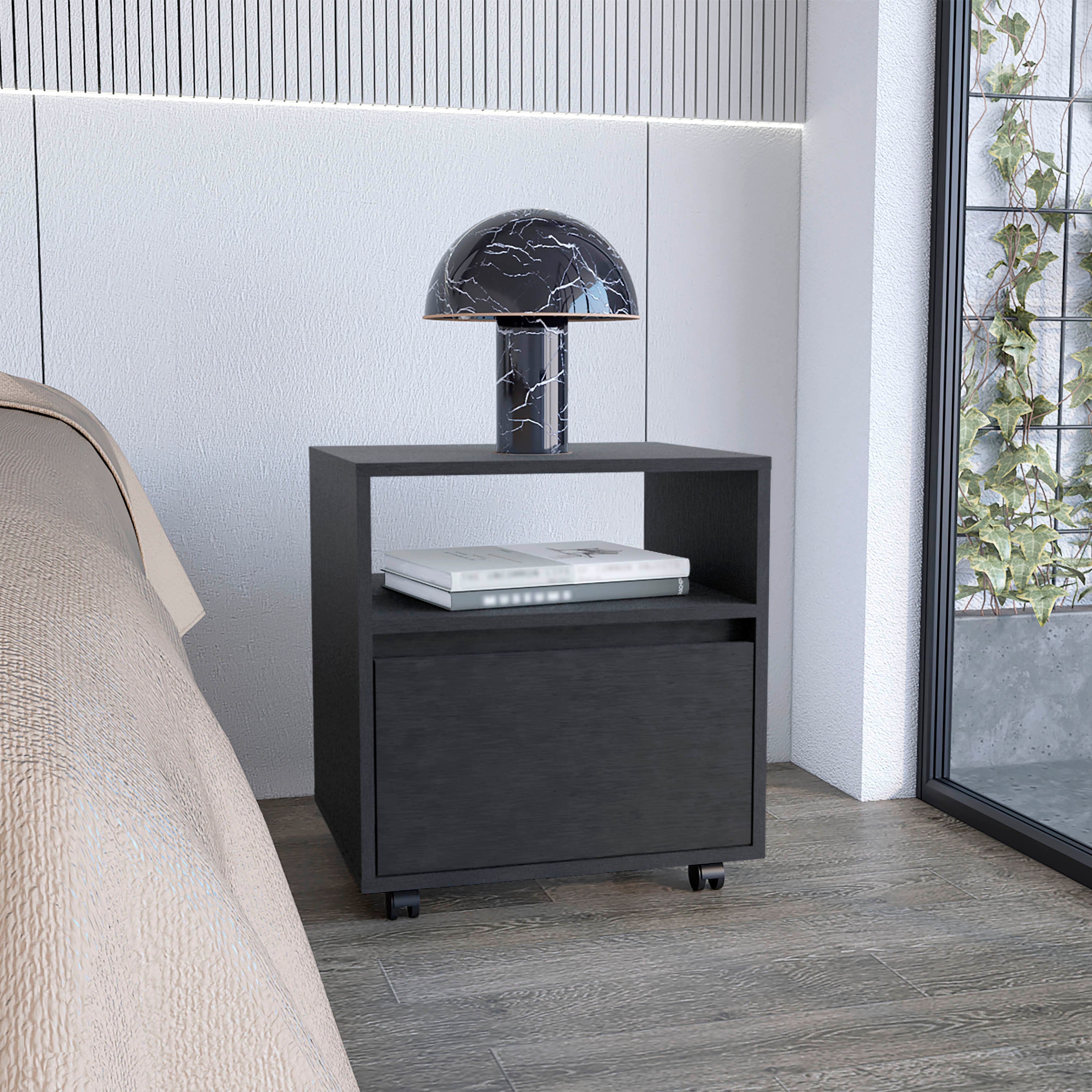 Nightstand 20'H, with One Open Shelf, 1 Drawer and Casters, Black