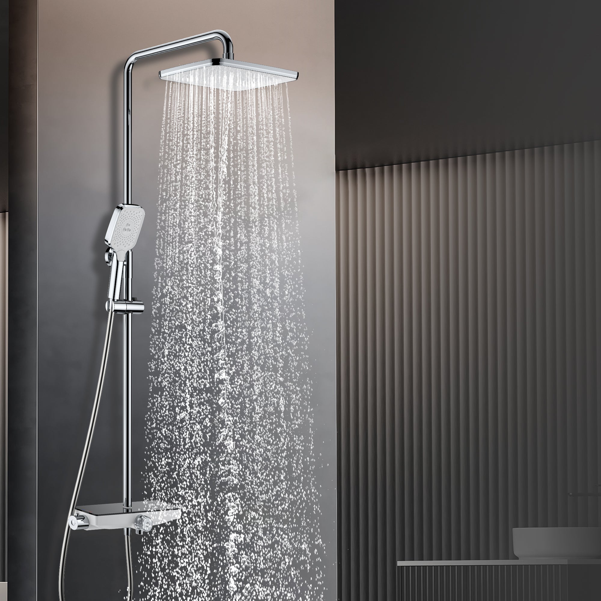Triple function shower system Shower systems including rainfall showerheads and handheld showers Stainless steel shower hose