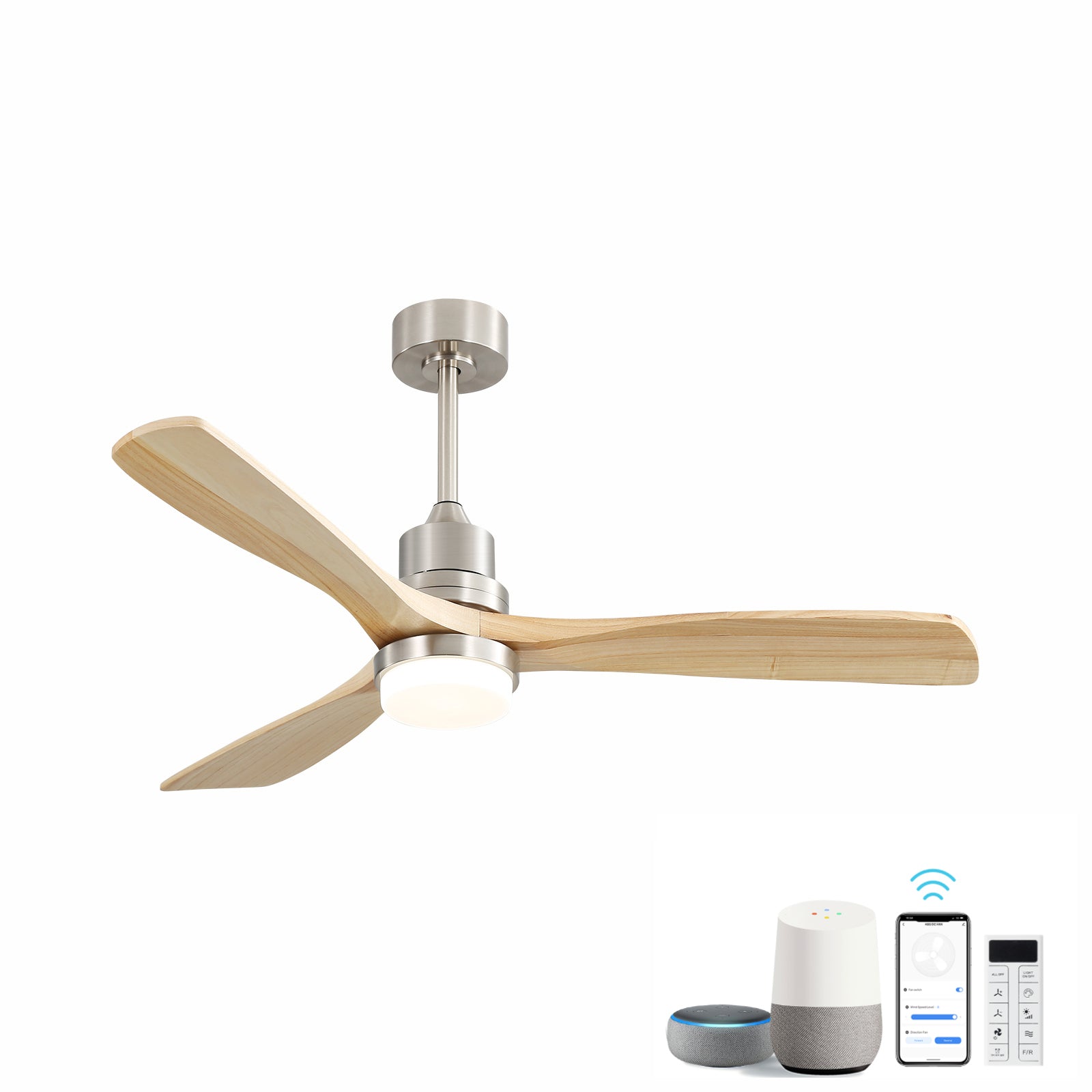 52 Inch Smart Ceiling Fan with Sand Nickel Finish 3 Natural Wood Blades LED 18W Triple Color Dimmable Memory Lighting and Remote Control