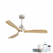 52 Inch Smart Ceiling Fan with Sand Nickel Finish 3 Natural Wood Blades LED 18W Triple Color Dimmable Memory Lighting and Remote Control