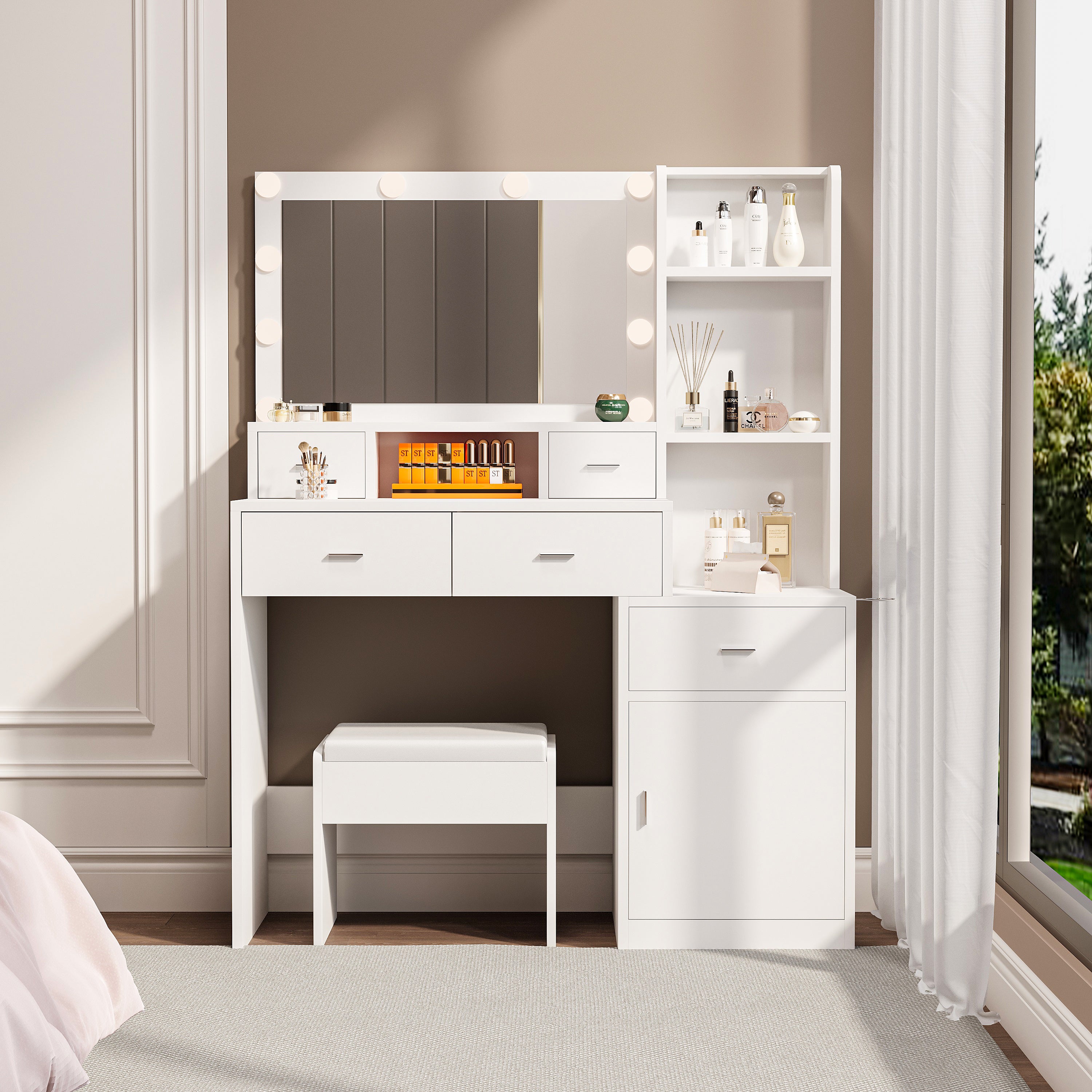 The white vanity with a mirror is equipped with a hair dryer rack, while the vanity in the bedroom and dressing room comes with a dressing pad