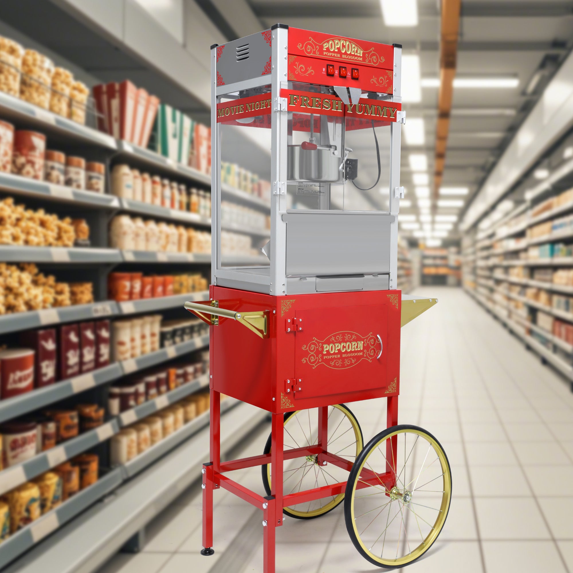 Popcorn Machine with Cart: This popcorn machine on wheels combines an antique-style design with modern features. The cart includes 16' bicycle-style wheels and a cabinet with storage space for popcorn
