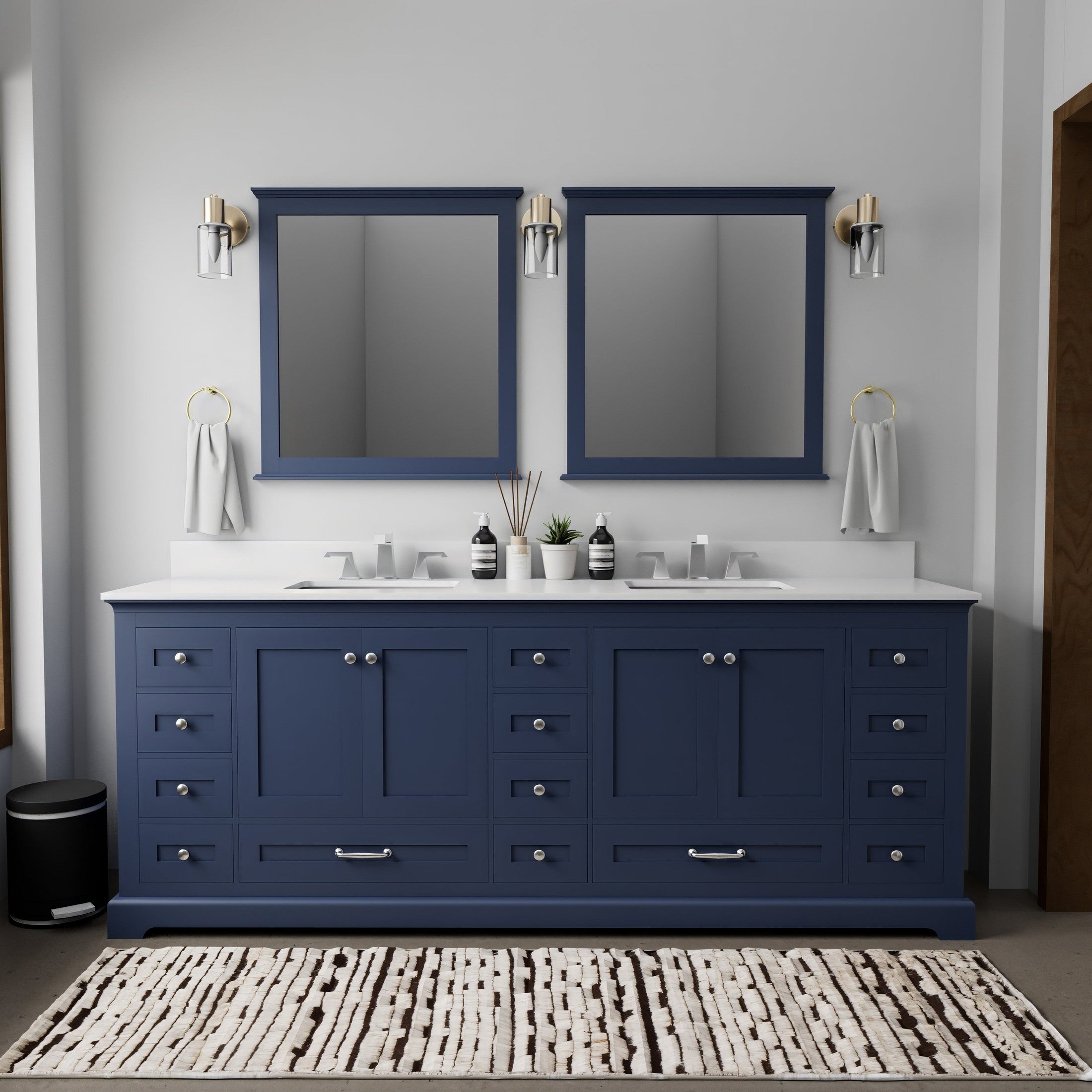 Navy Blue Double Bath Vanity 84 in. W x 22 in. D, Cultured Marble Top, and Faucet Set