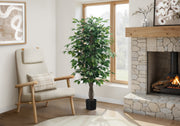 Artificial Plant, 58' Tall, Ficus Tree, Indoor, Faux, Fake, Floor, Greenery, Potted, Decorative, Green Leaves, Black Pot