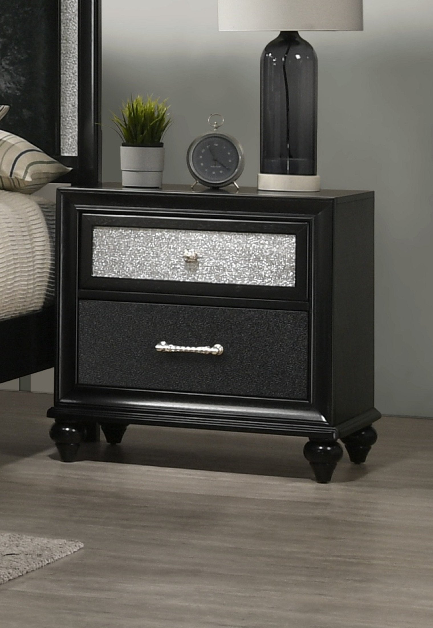 Modern Style 1pc Black Silver Finish Storage Nightstand Wooden Bedroom Furniture