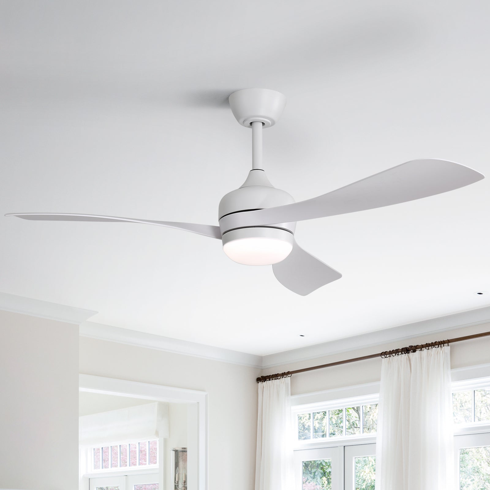 52-Inch Ceiling Fan With 3 ABS Blades,Remote Control,Reversible DC Motor,Noiseless&Effective,3 Downrods(5/10/24-Inch) Available,LED Dimmable,All White