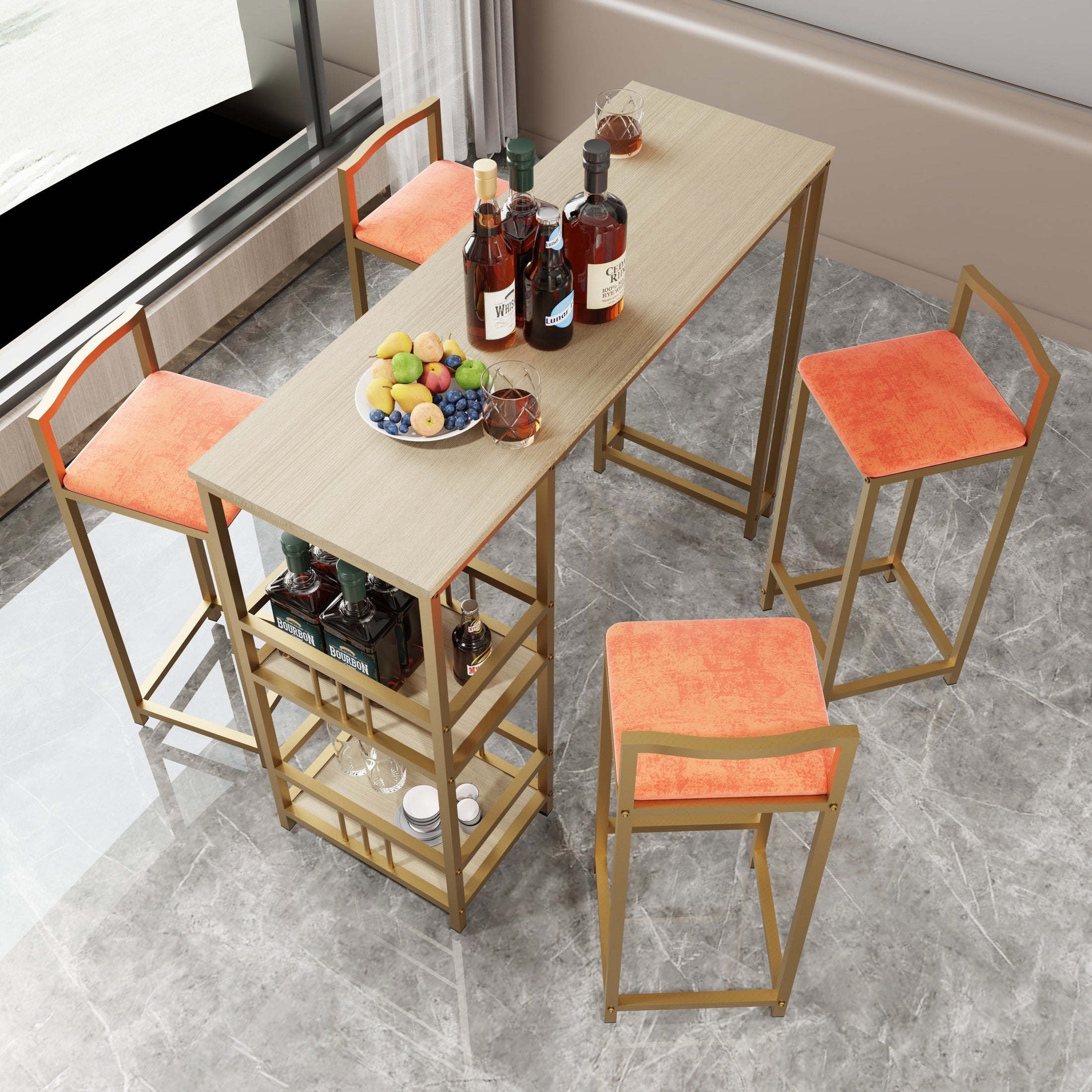 Bar table and chair five piece set, gold frame, multi-layer tabletop, chair cushion and backrest made of sponge, table with storage function (gold+brown+orange)