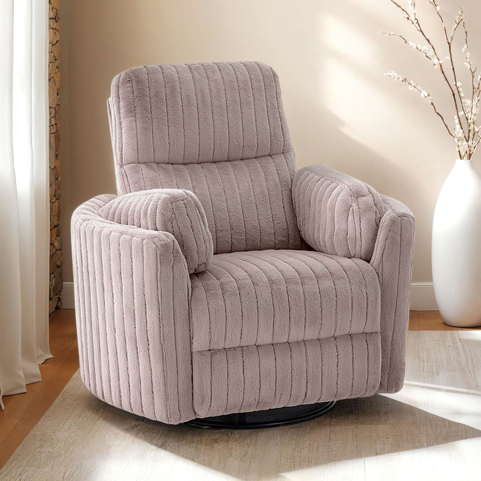 Taupe Finish Power Glider Recliner w/ Swivel Curved Arms Pillow Fill Swivel Chair Contemporary Primary Living Room