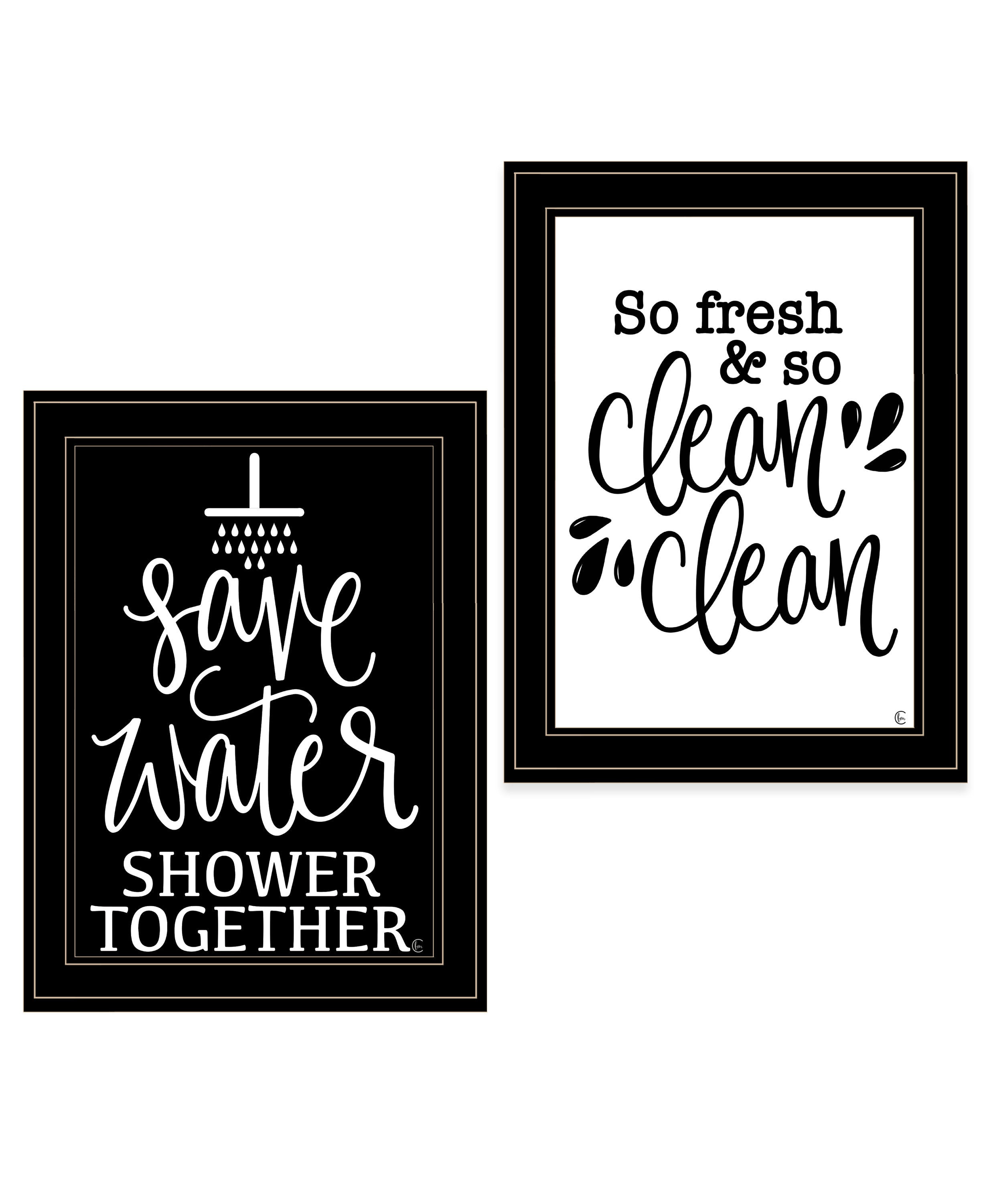 'Clean/Shower Together' 2-Piece Vignette by Fearfully Made Creations, Ready to Hang Framed Print, Black Frame