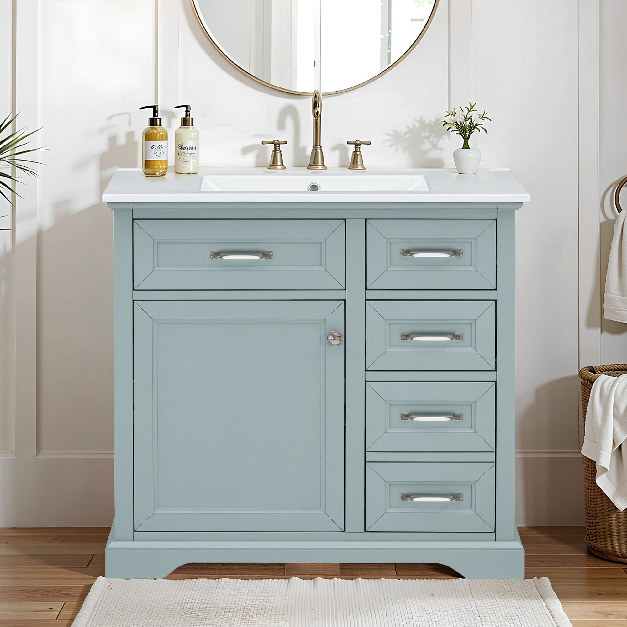 36' Bathroom Vanity Set with Ceramic Undermount Sink, 2 Tip-Out Drawers & Soft-Close Hinges, Modern Grey