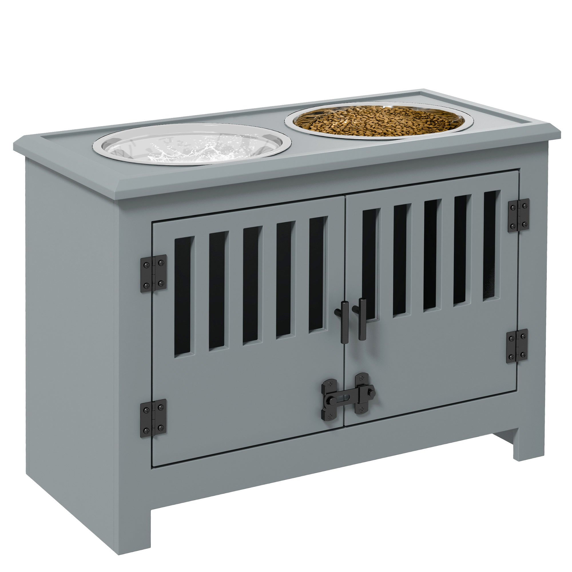 PawHut Large Elevated Dog Bowls with Storage Cabinet Containing Large 37L Capacity, Raised Dog Bowl Stand Pet Food Bowl Dog Feeding Station, Gray