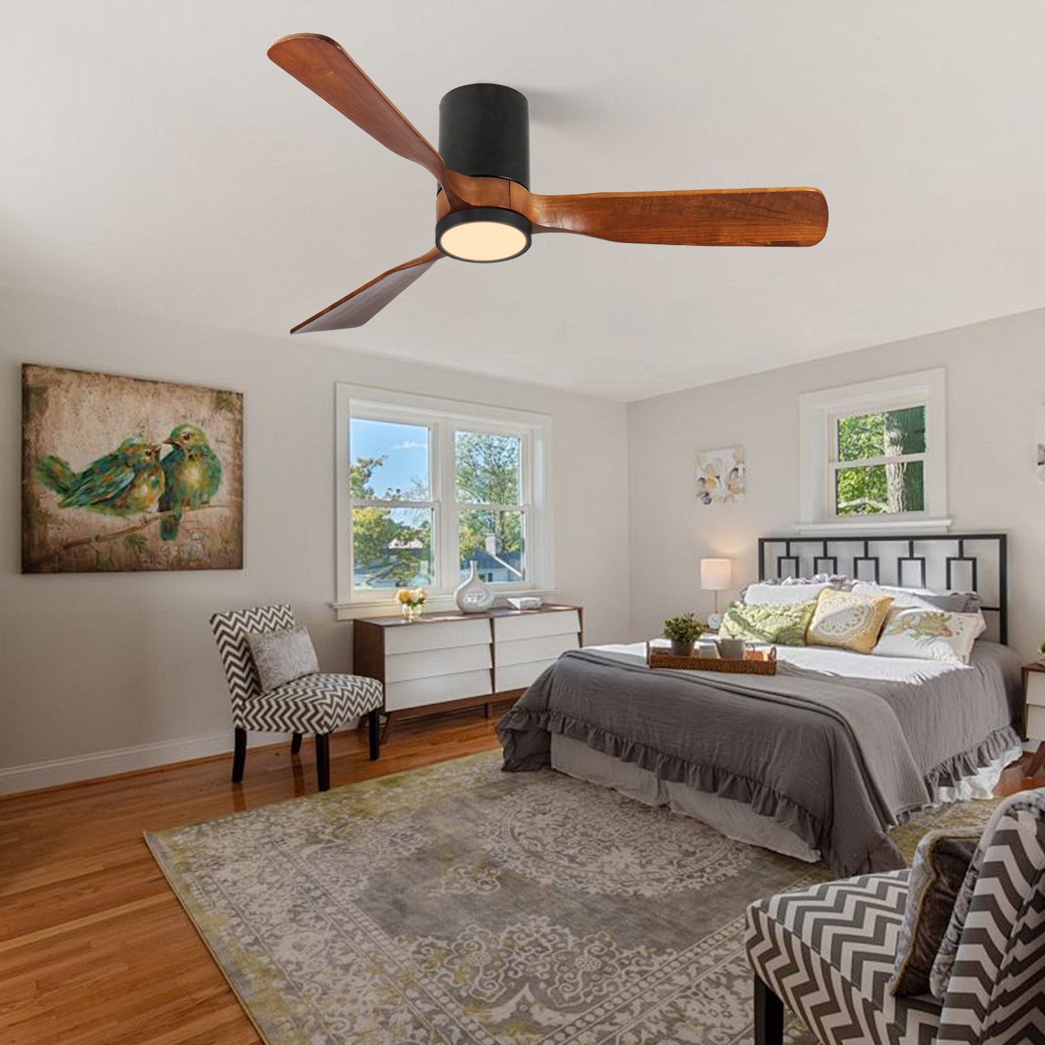 52 in. LED Indoor/Outdoor Flush Mount Matte Black Ceiling Fan with Wood Blades, 6-Speed DC Remote Control