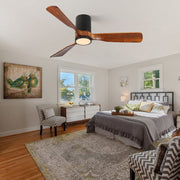 52 in. LED Indoor/Outdoor Flush Mount Matte Black Ceiling Fan with Wood Blades, 6-Speed DC Remote Control