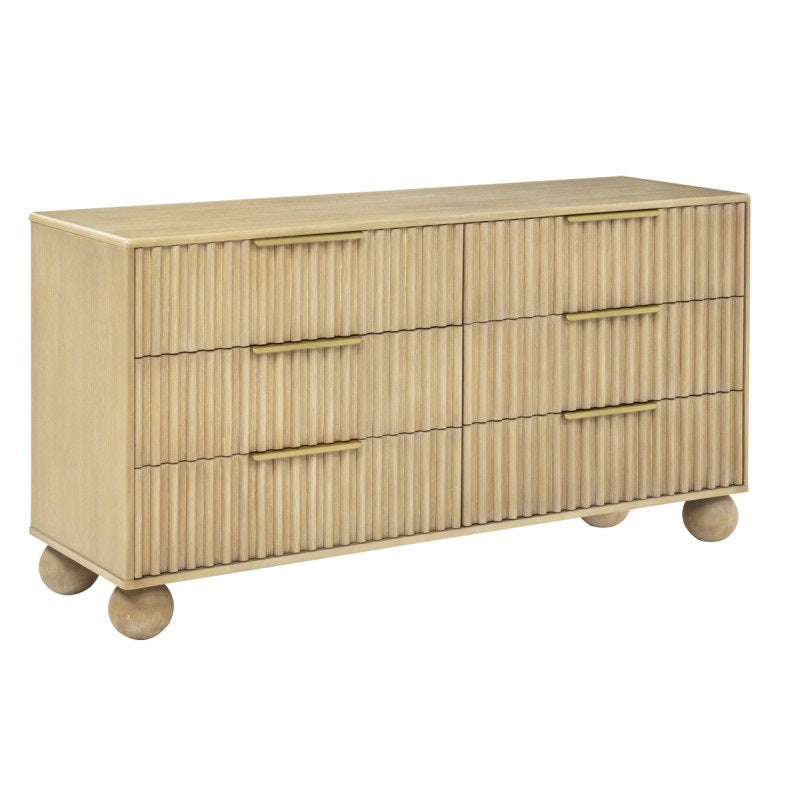 Modern Bedroom 6 Drawer Dresser with Fluted Panels, Wooden Storage Clothes Organizer Unit, Rounded Legs, Light Oak