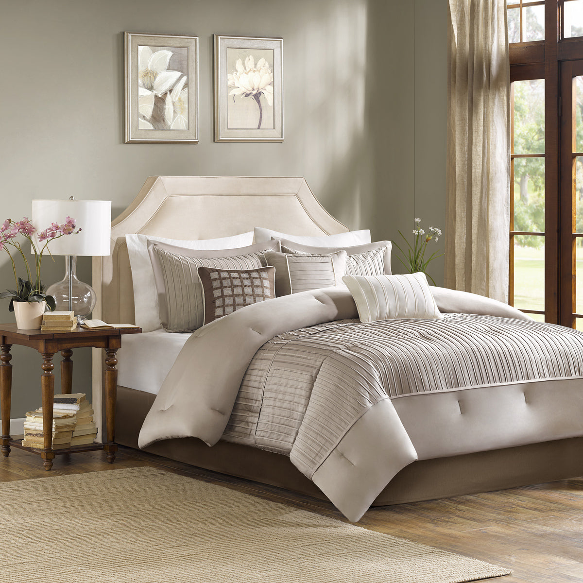 7 Piece Polyester Charmeuse Comforter Set Taupe King
