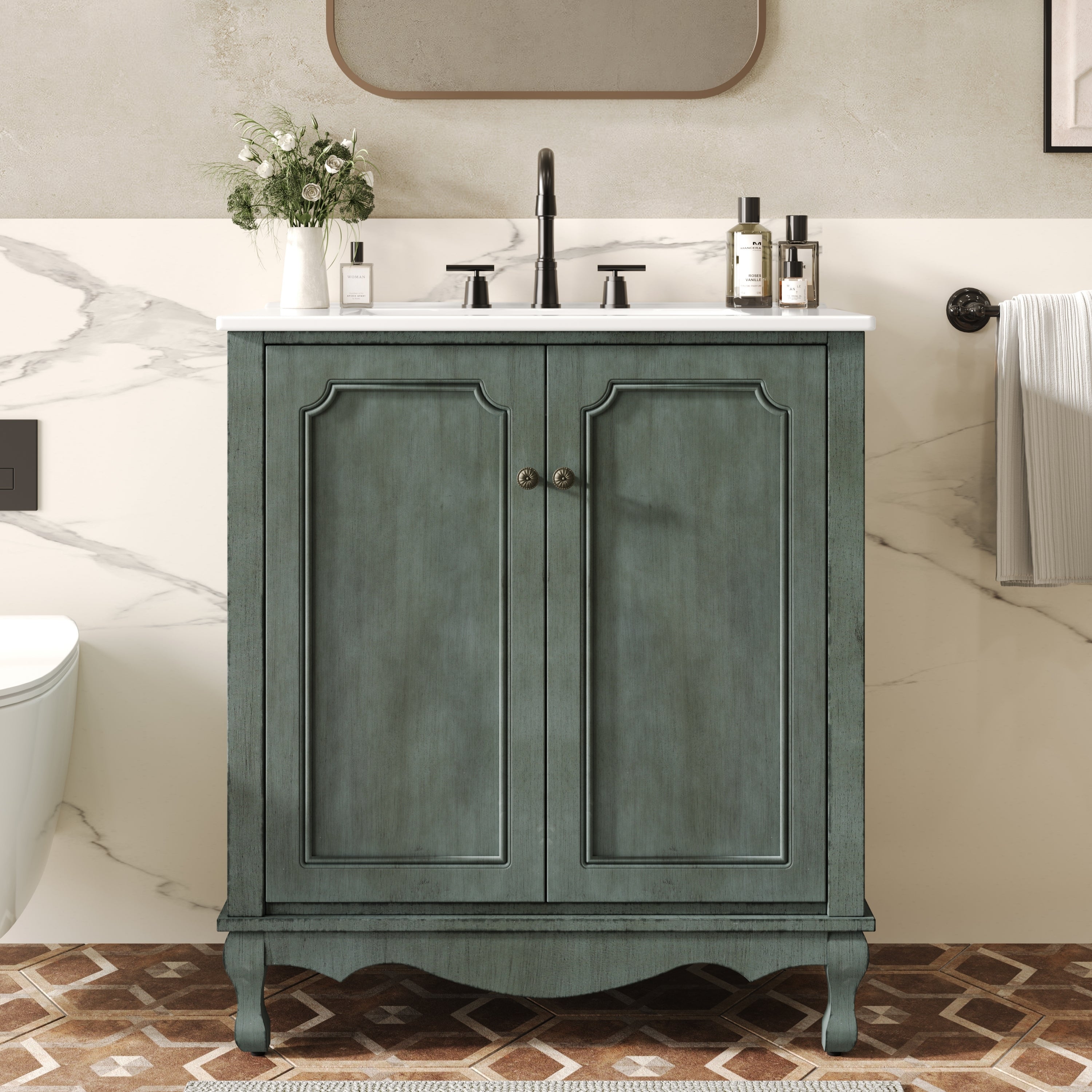 30' Vintage Bathroom Vanity with Rectangle Ceramic Sink,  Bathroom Vanity Cabinet with Antique knobs, Bathroom Storage Cabinet with Rubber Wood Legs and Adjustable shelves, Antique Teal (Blue Green)