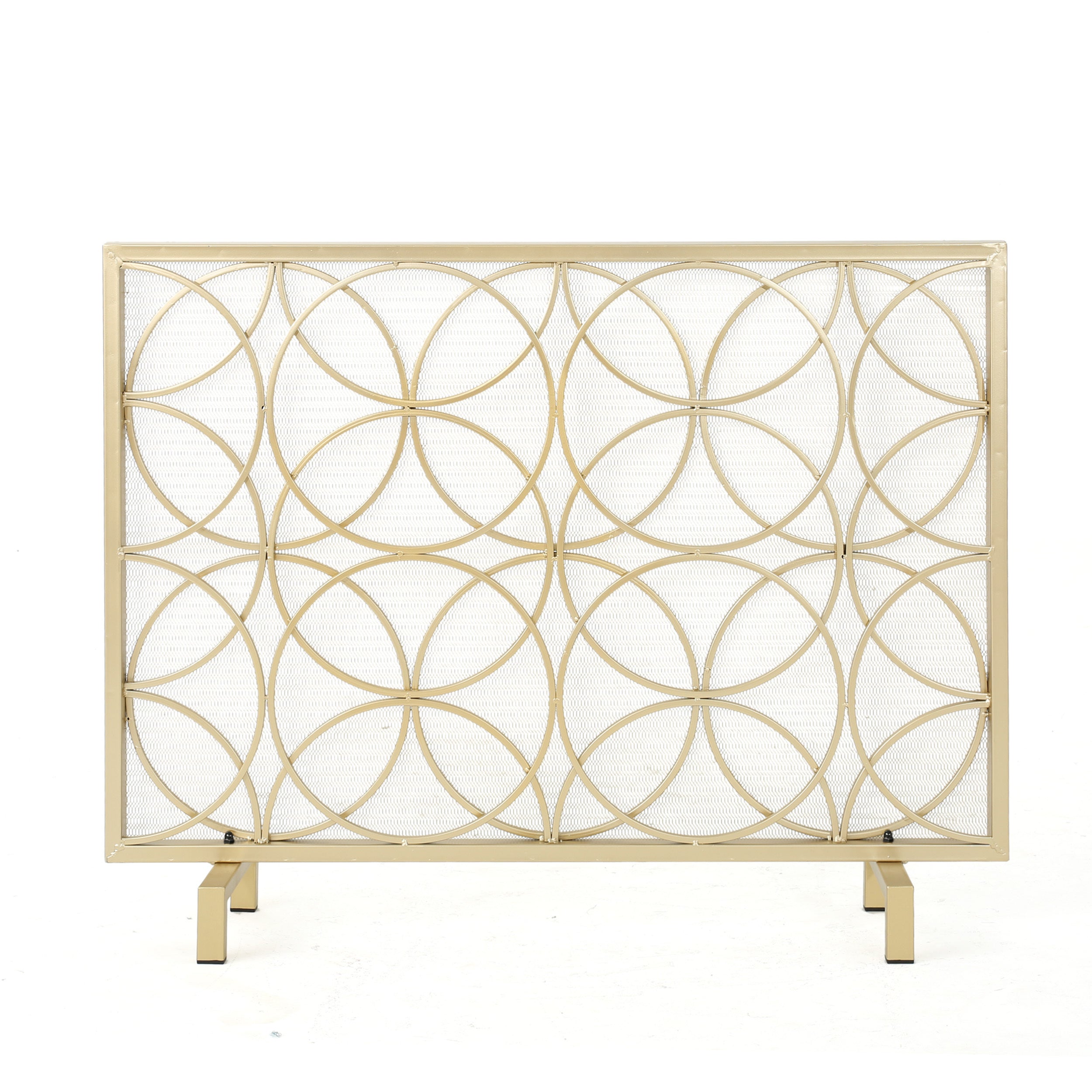 Thayer Single Panel Iron Fireplace Screen with Geometric Design in Gold Finish
