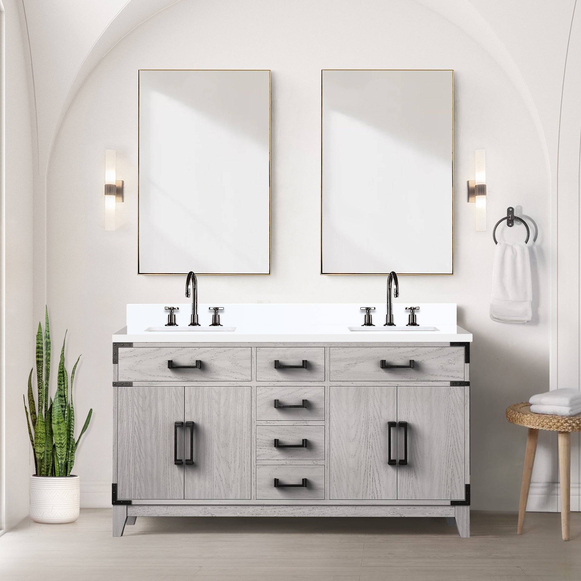 White Oak Double Bath Vanity 60 in. W x 22 in. D, White Quartz Top, and Faucet Set