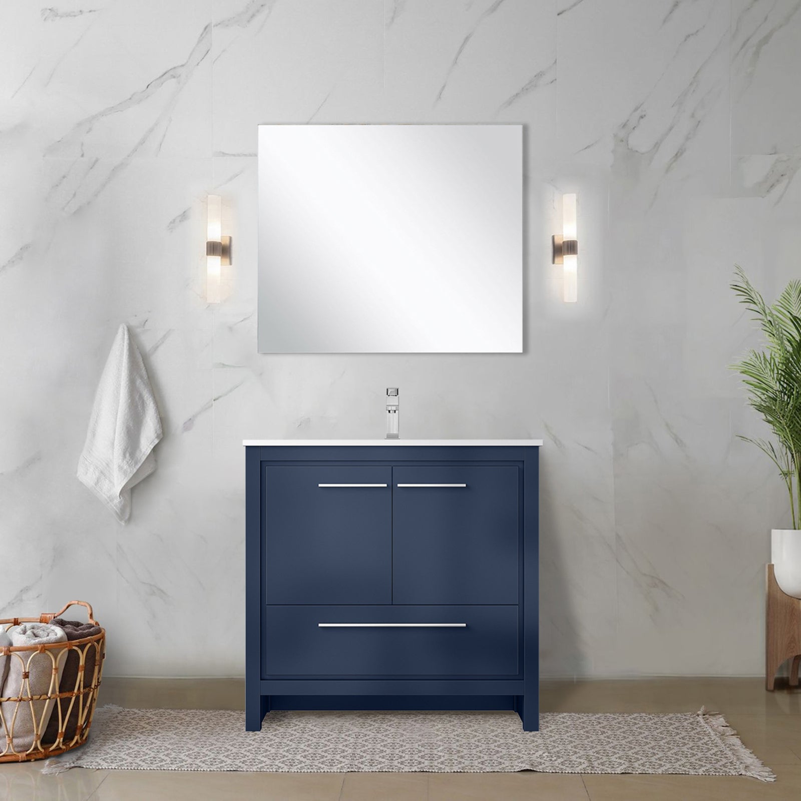 Navy Blue Bath Vanity 36 in. W x 20 in. D, White Quartz Top and Chrome Faucet Set