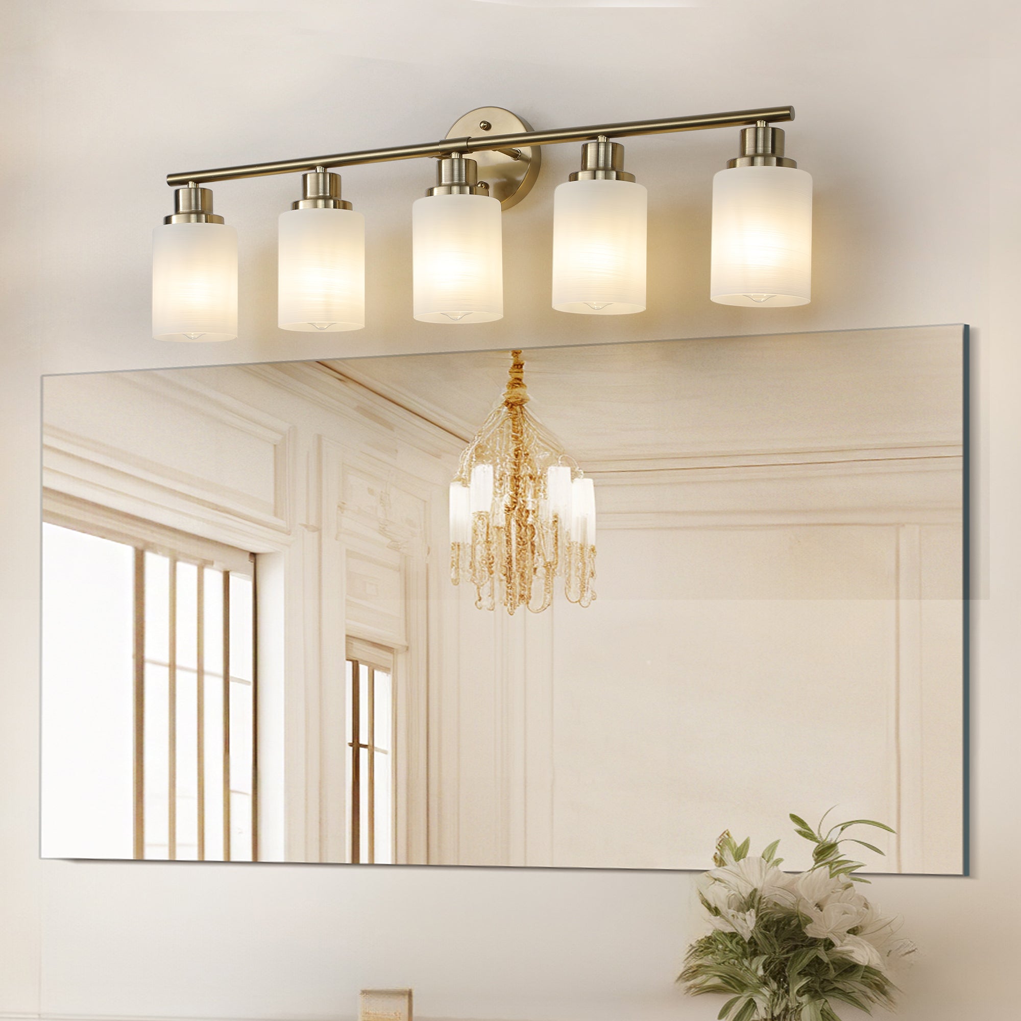 31' Modern 5-Light Vanity Wall Sconce, Golden Finish with Frosted Glass Shades for Bathroom or Hallway Lighting (No Bulbs)