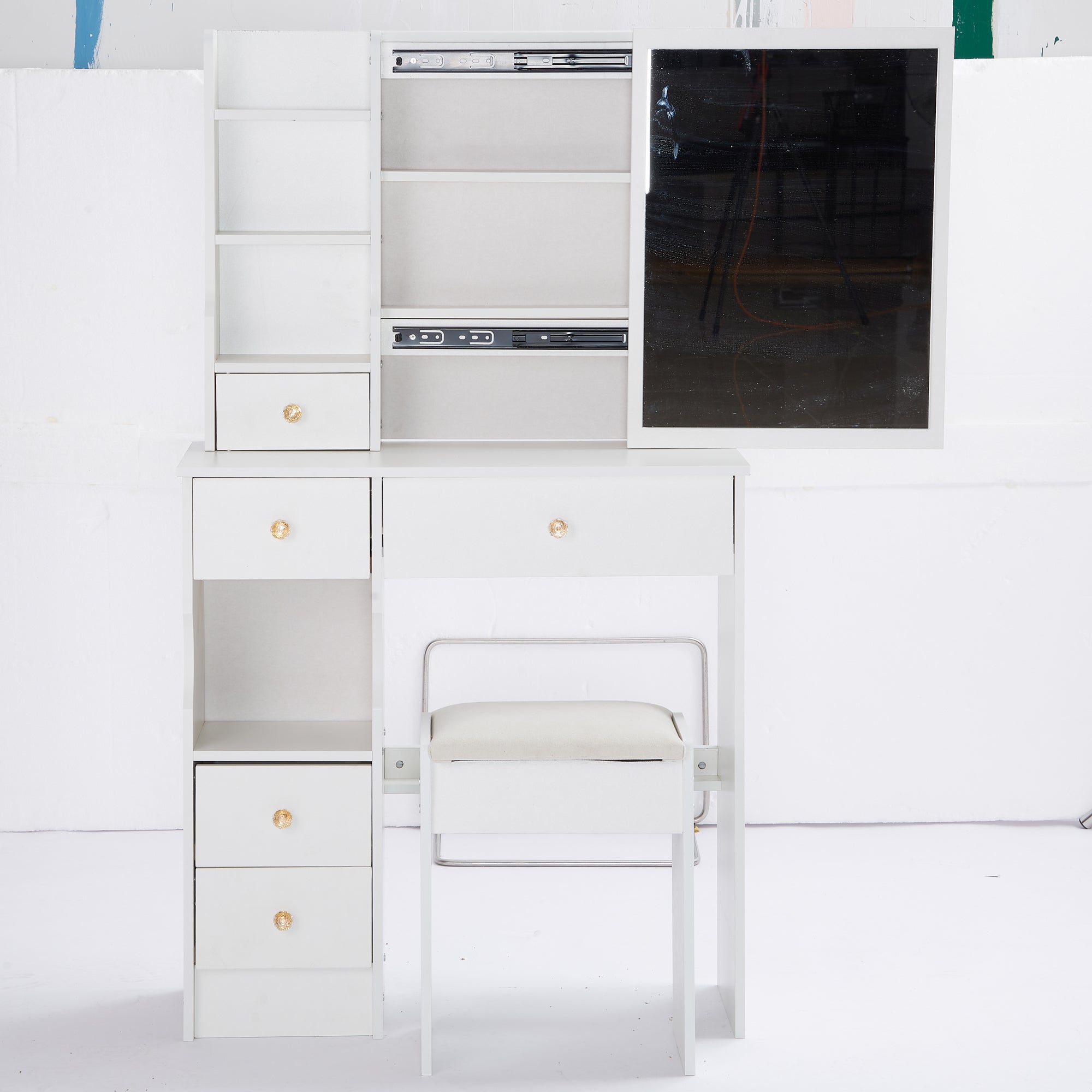 29.2' Small Space Left Drawer Desktop Vanity Table + Cushioned Stool, Extra Large Right sliding mirror, Multi Layer High Capacity Storage, Practical Fashionable Dresser, Suitable For Small Space