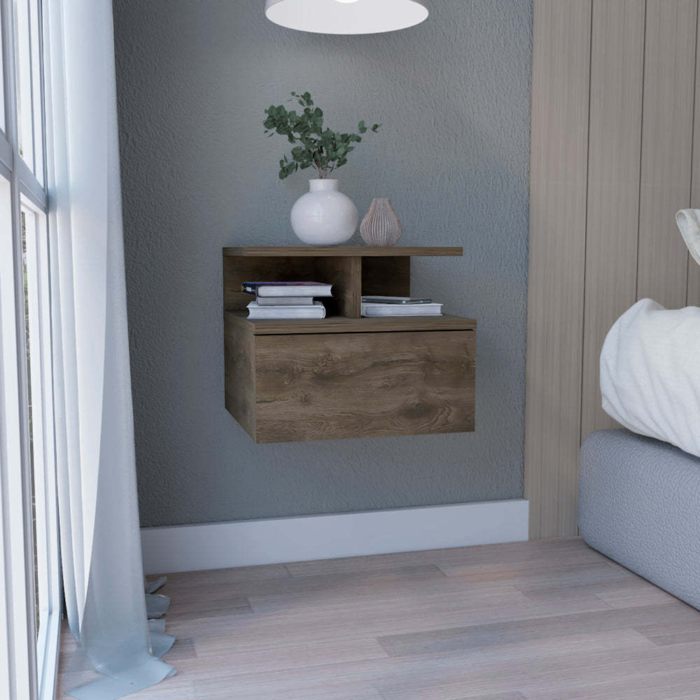 Floating Nightstand 12'H, Wall Mounted with Single Drawer and 2-Tier Shelf, Dark Walnut